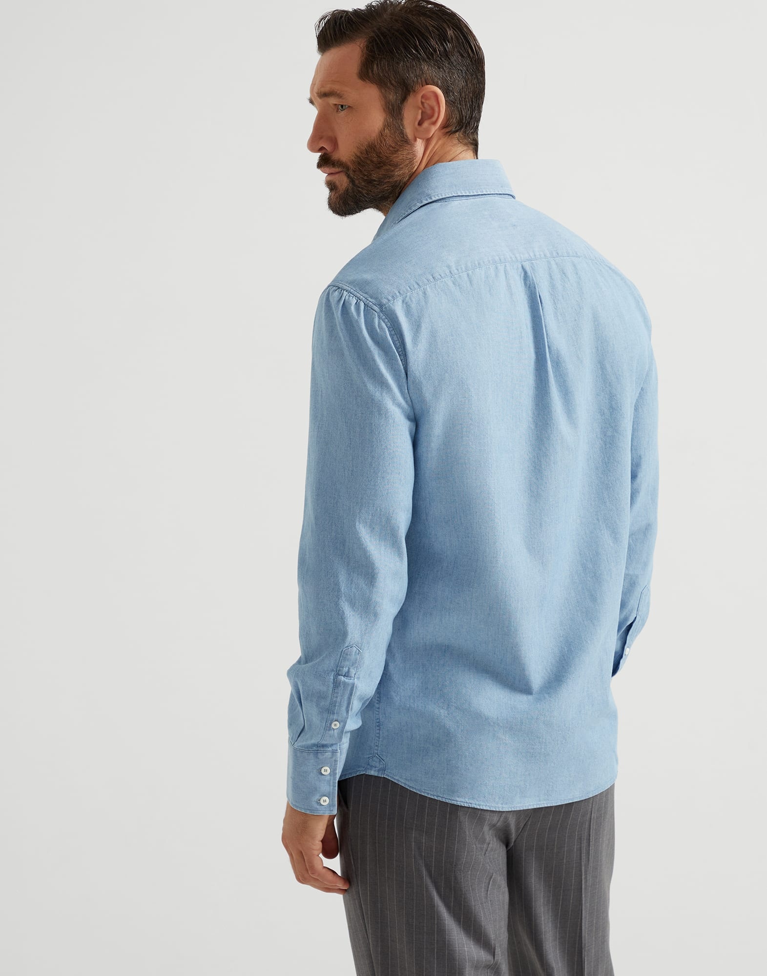 Denim-effect chambray basic fit shirt with spread collar - 2