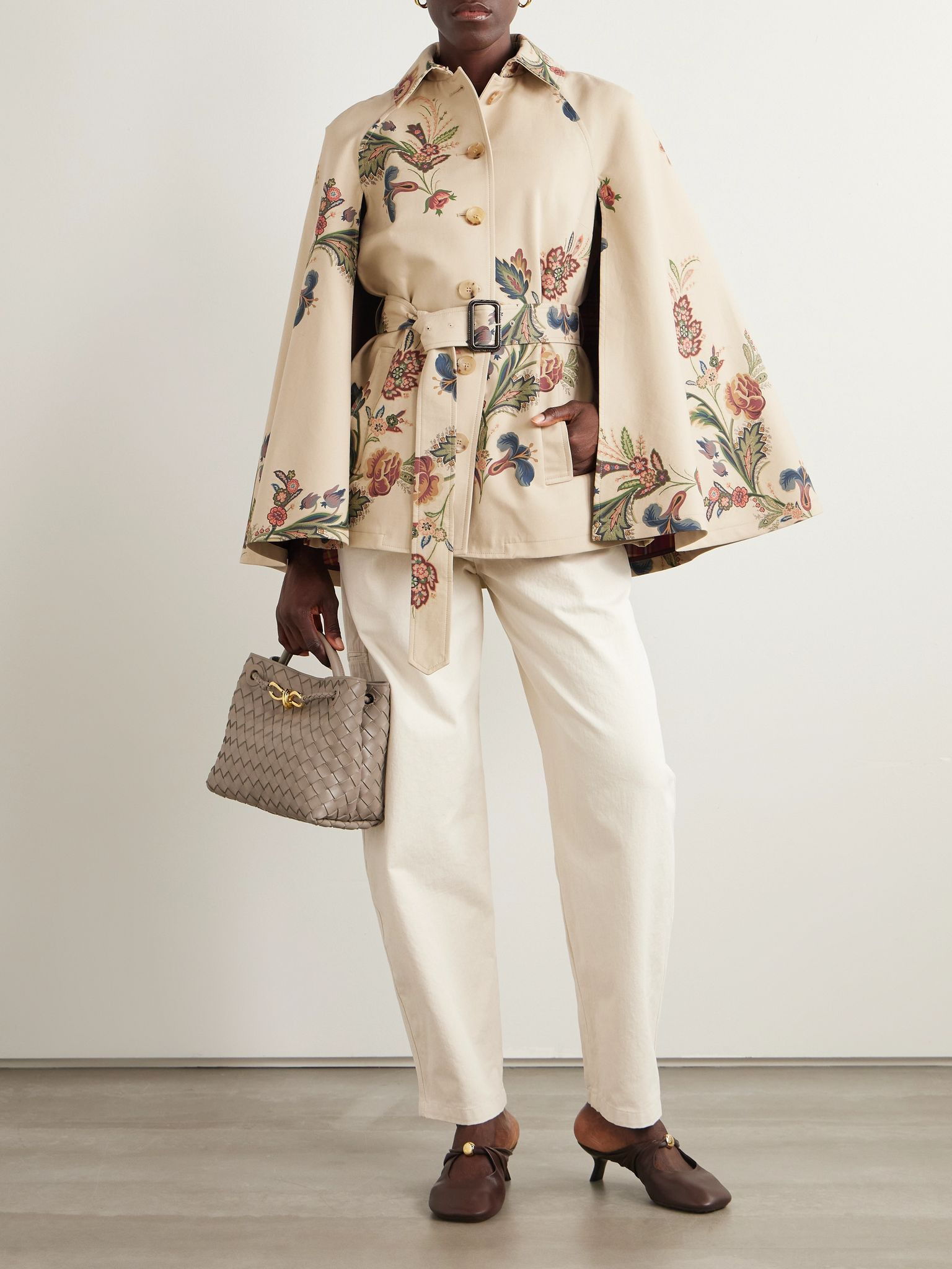 Cape-effect belted printed cotton-blend twill jacket Beige - 2