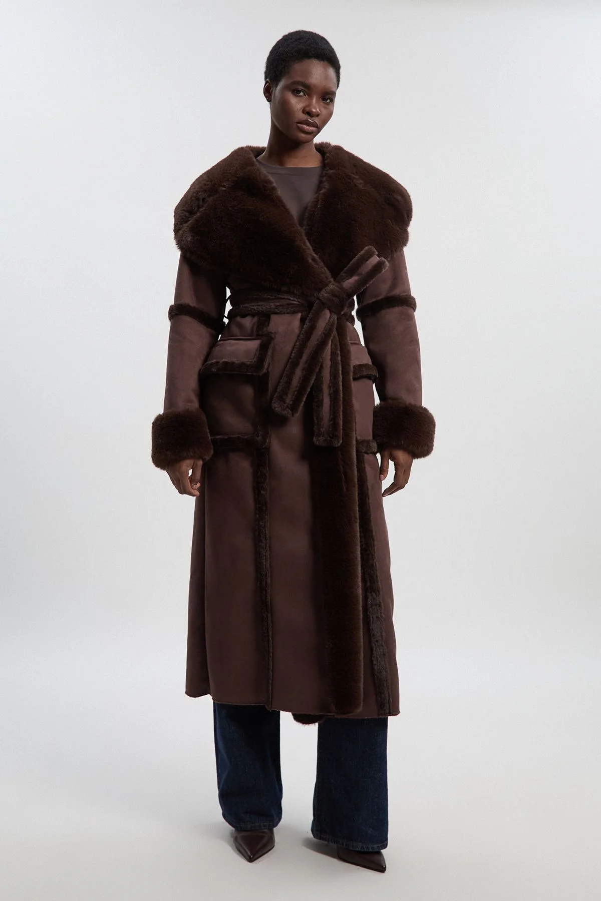 Faux Shearling Collar & Cuff Tie Belt Maxi Coat - 1