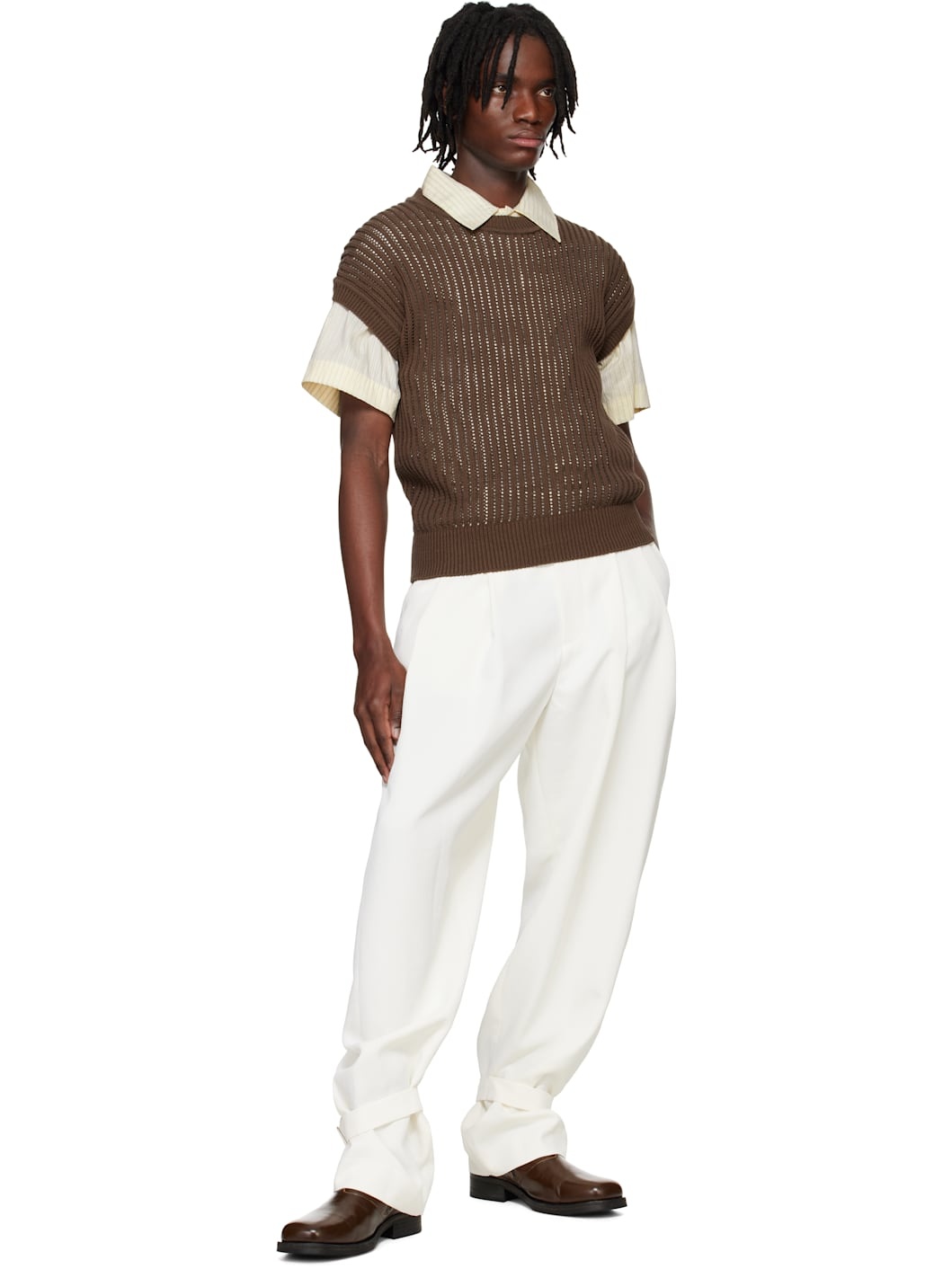 Brown Cap Sleeve Knit T-shirt - 4