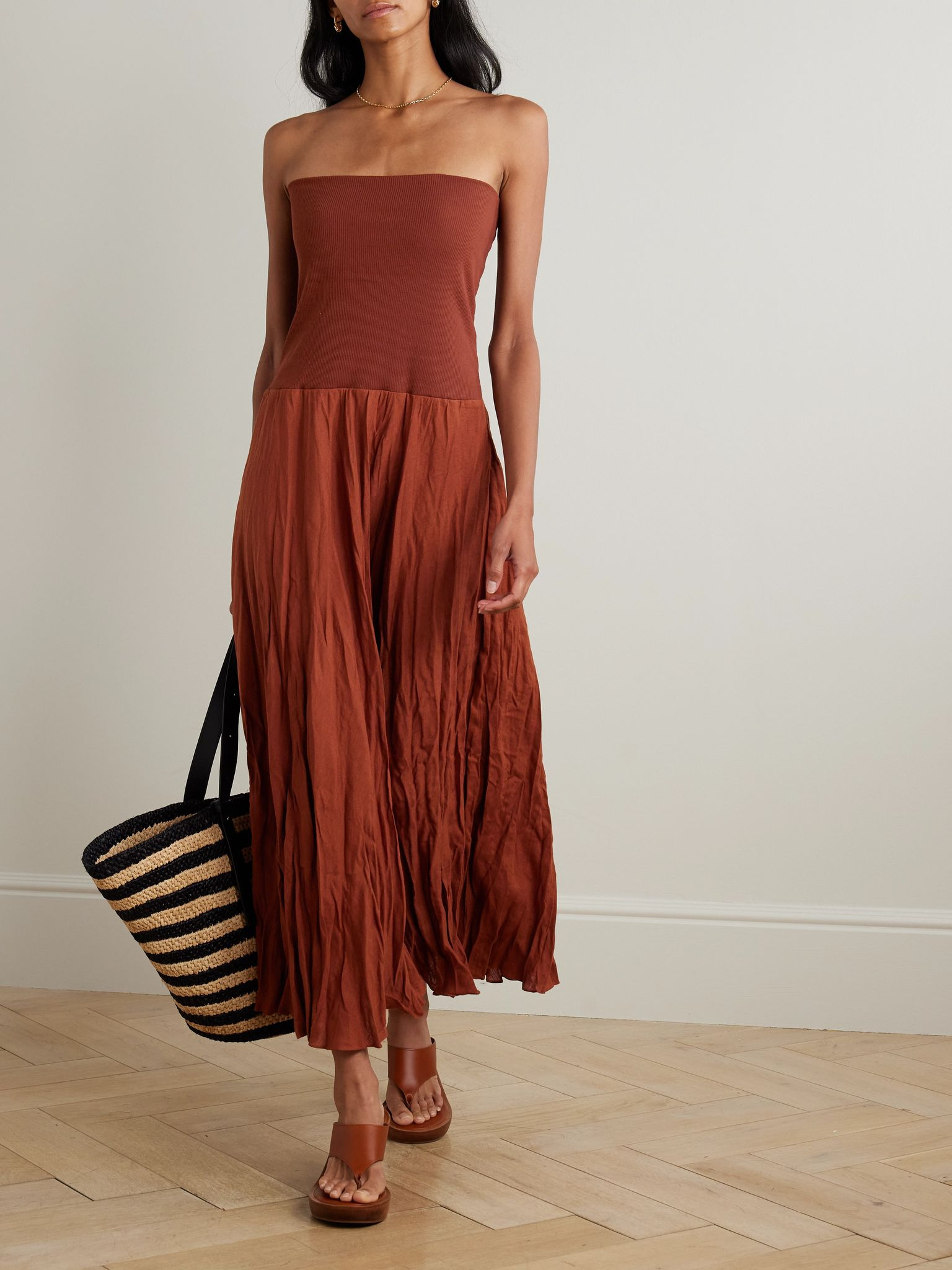 Light and Sound convertible crinkled organic linen-blend maxi skirt Burgundy - 5