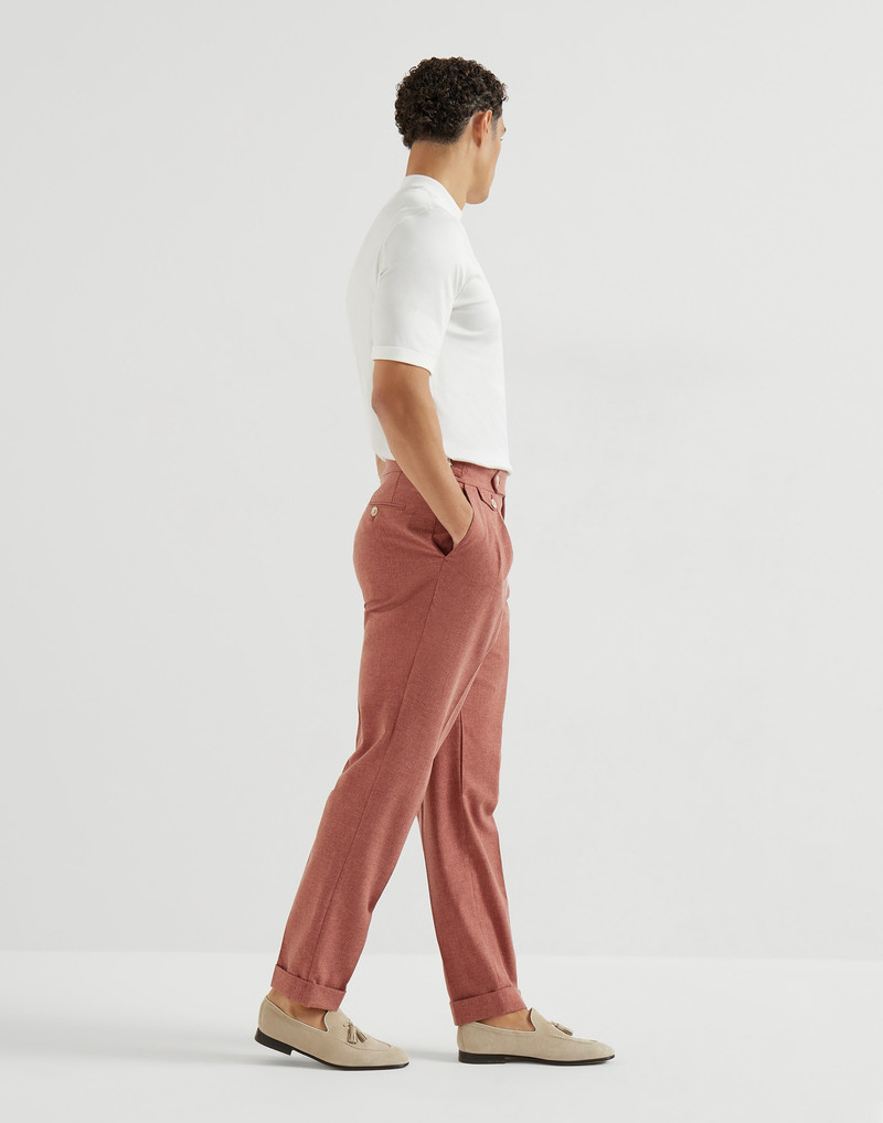 Virgin wool, cotton and silk mouliné trousers with reversed double pleats and waist tabs 5