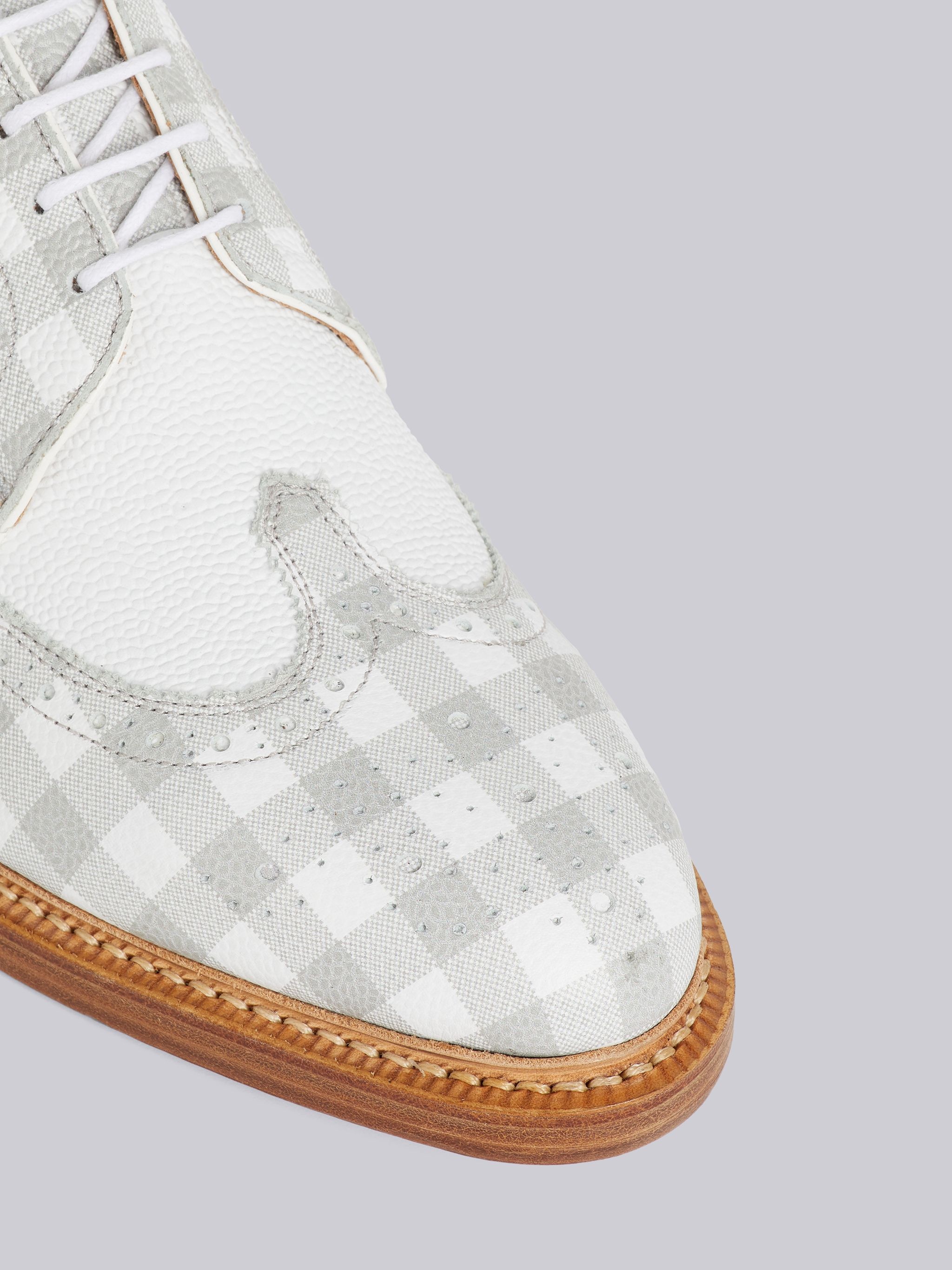 Grey Pebbled Calfskin Gingham Print Longwing Spectator Brogue - 2