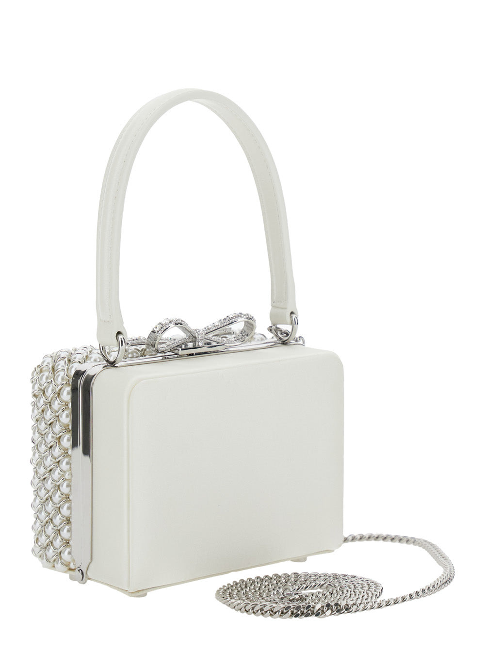 Self-Portrait Women White Handbag With Faux-Pearl Embellishments On The Front And Bow Detail In Leat - 3