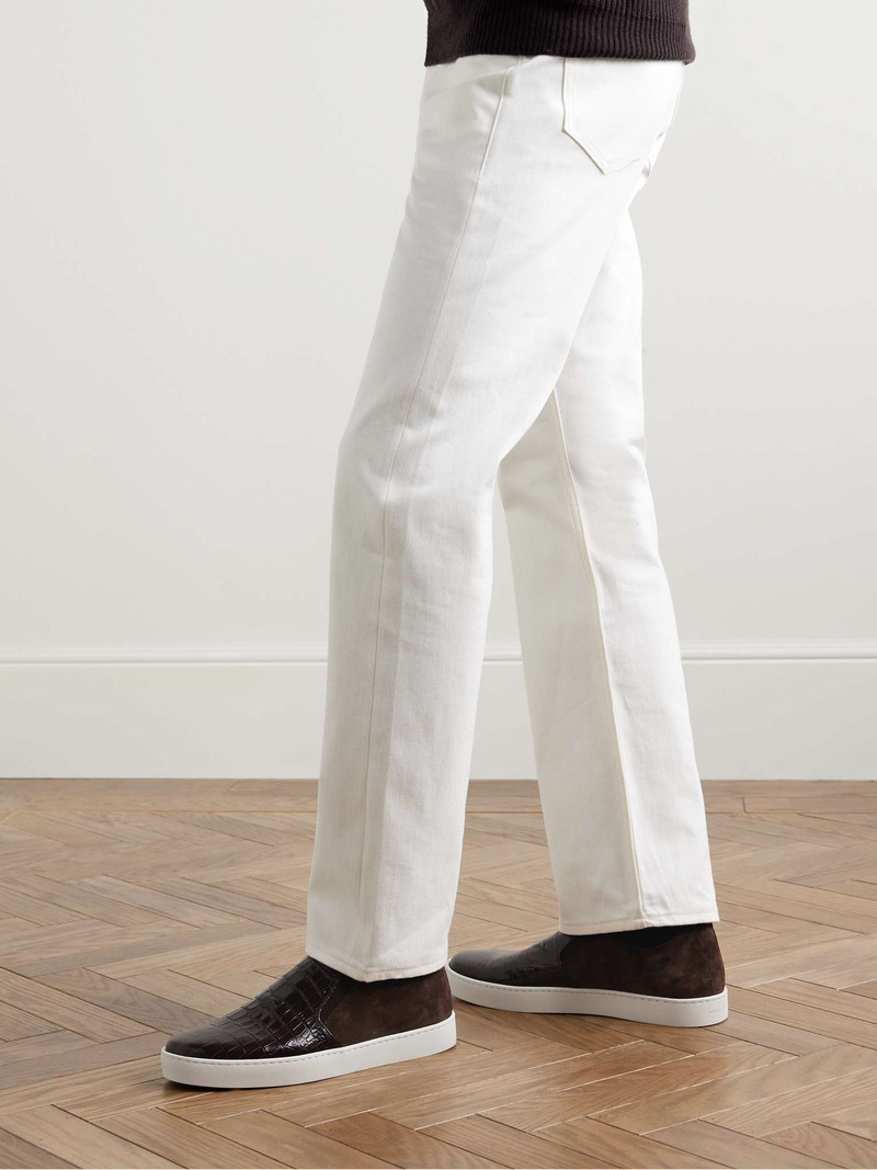 Manolo Blahnik Nadores Suede and Croc-Effect Leather Slip-On Sneakers outlook