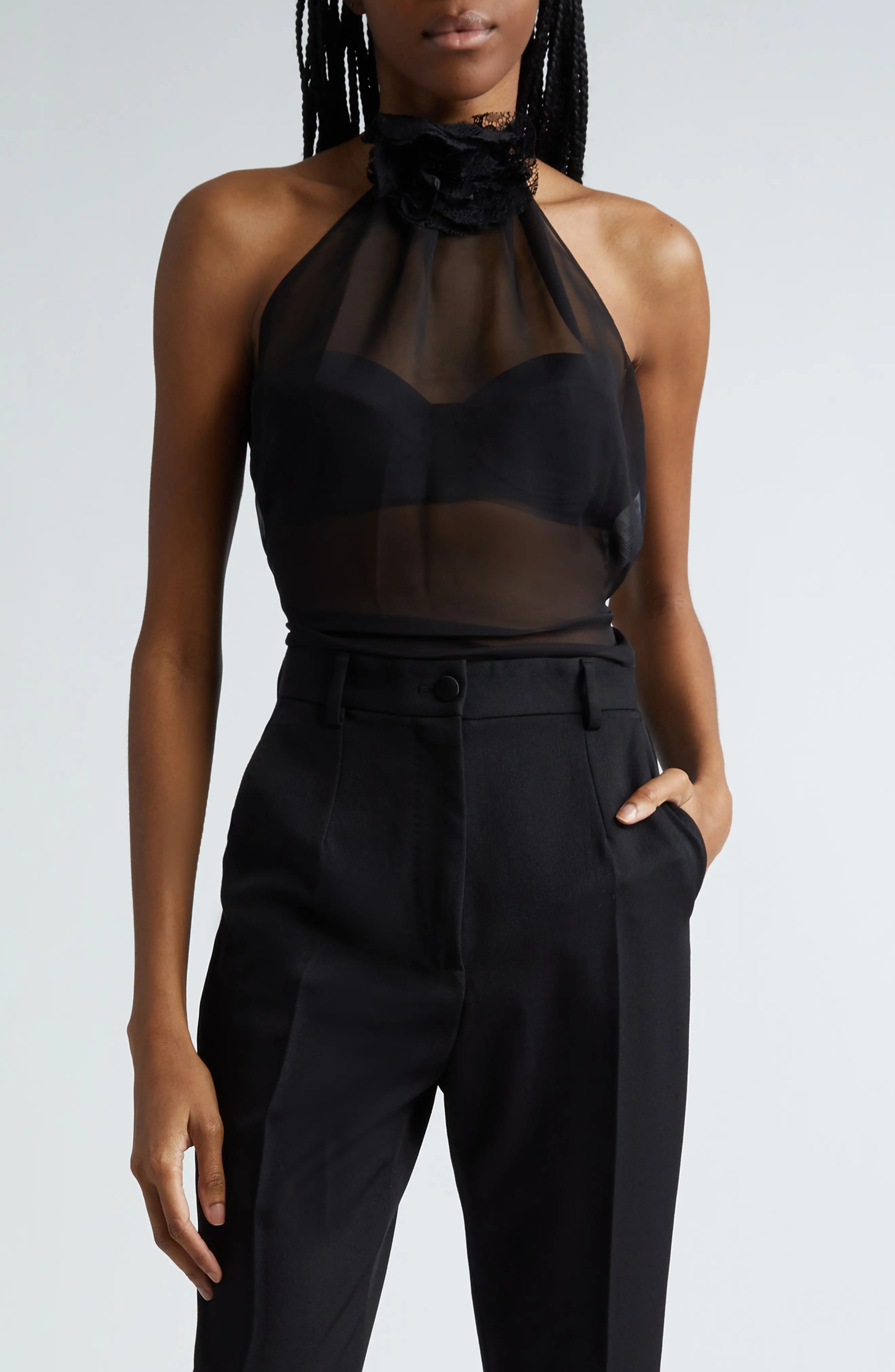 Rosette Silk Blend Chiffon Halter Top - 1