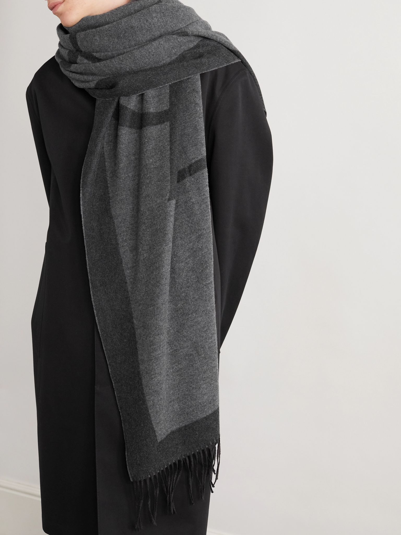 Fringed Logo-Embroidered Brushed-Silk Scarf Gray - 2