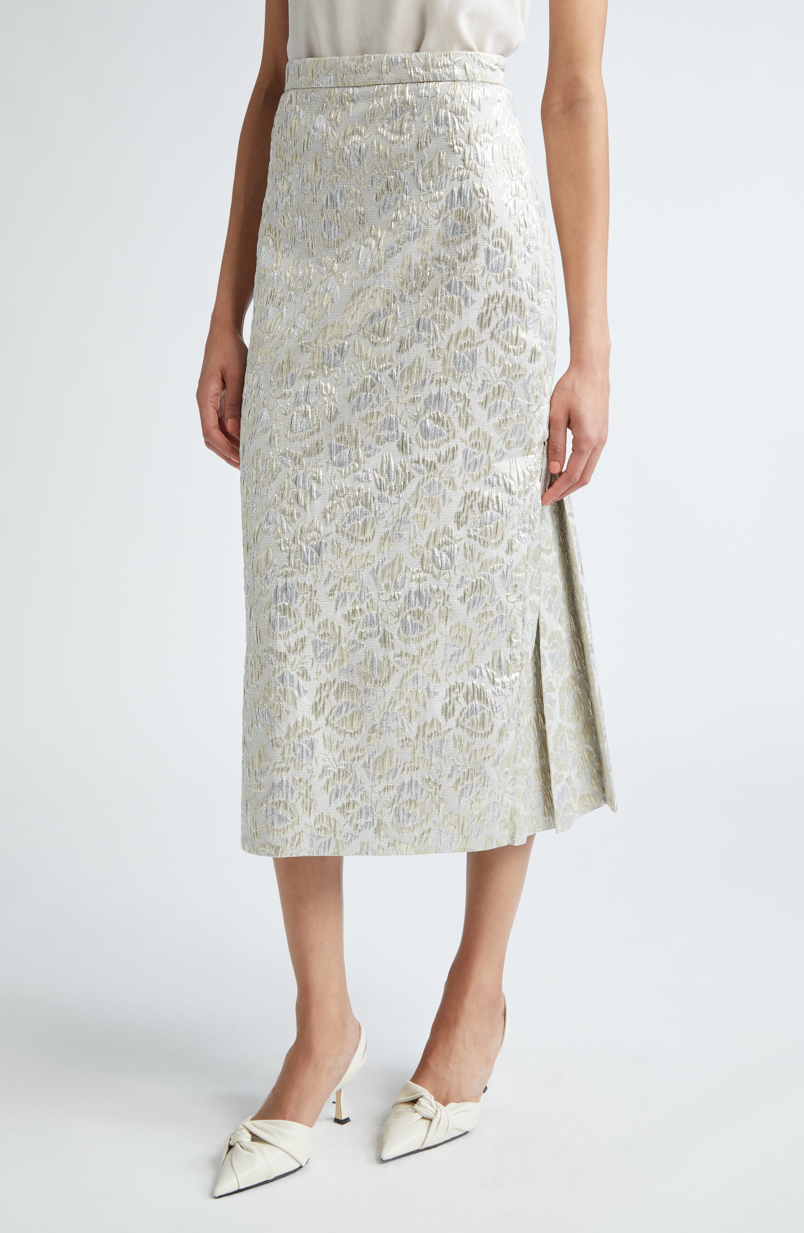 Pleated Back Floral Cloqué Midi Skirt - 1