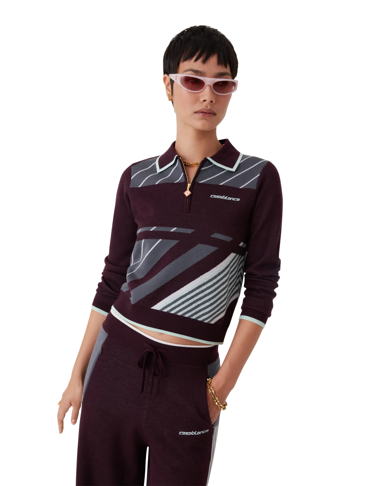 Diagonal Tennis Merino Long Sleeve Polo Shirt | Casablanca Paris - 4