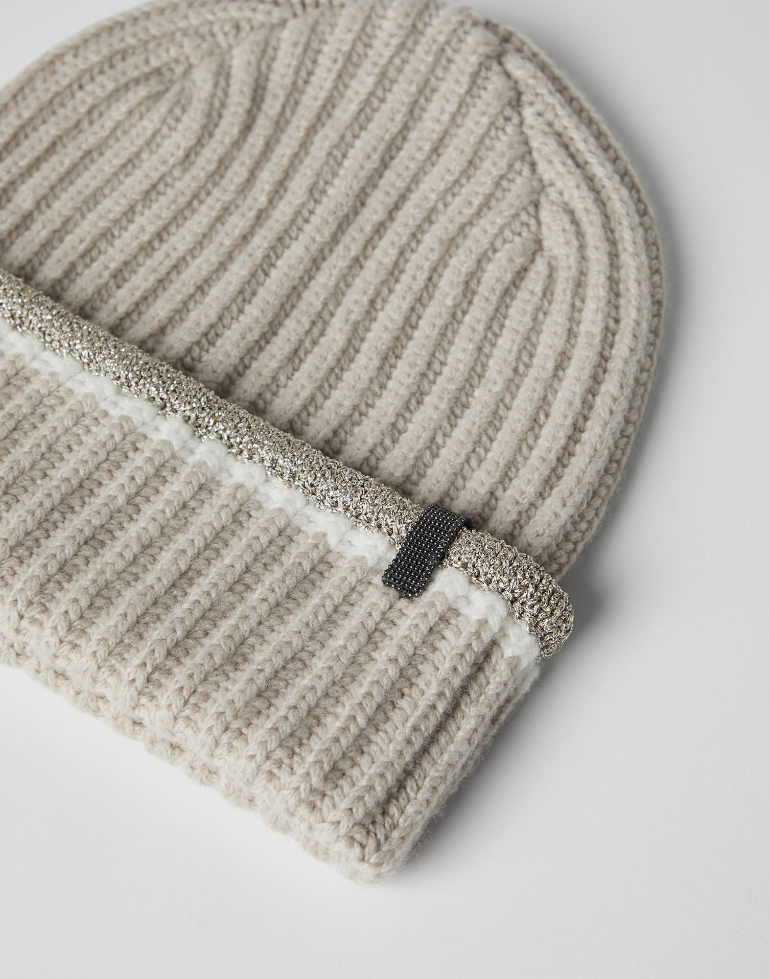 English rib knit beanie in cashmere feather yarn with sparkling trim and monili - 2