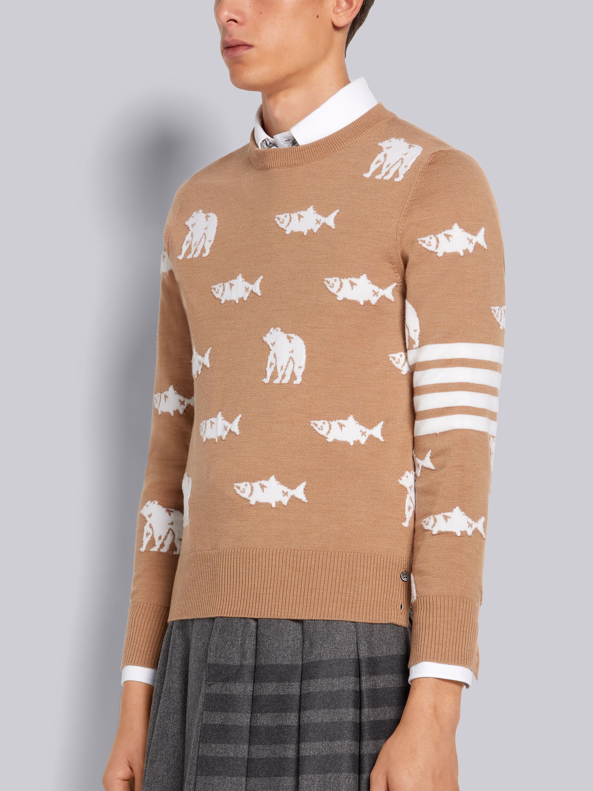 Camel Merino Wool Bear and Salmon Half Drop Intarsia 4-Bar Stripe Relaxed Fit Crew Neck Pullover - 2