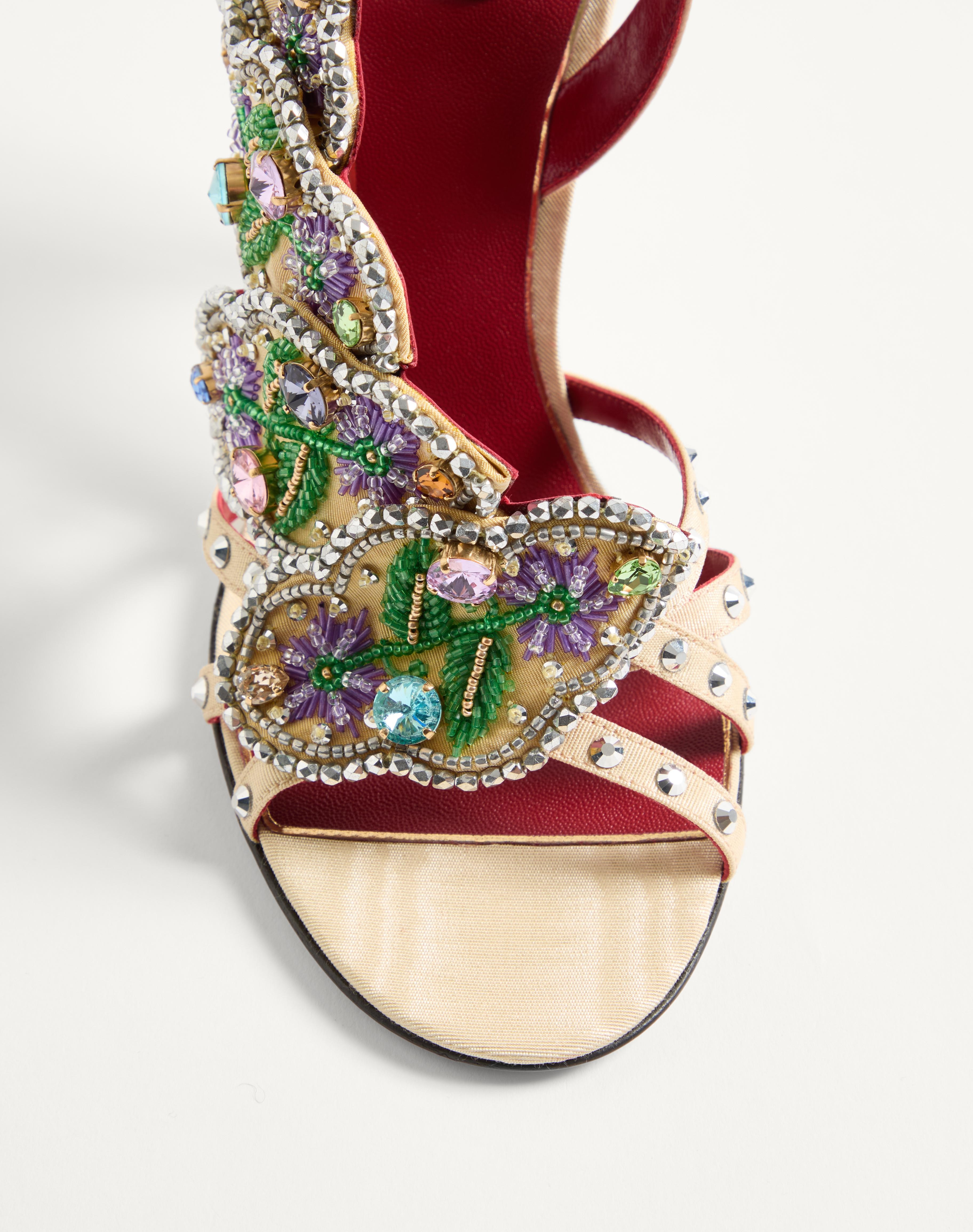 DANS LE FOYER SANDAL IN MOIRÉ FABRIC WITH FLORAL EMBROIDERY AND FEATHERS 105MM - 6