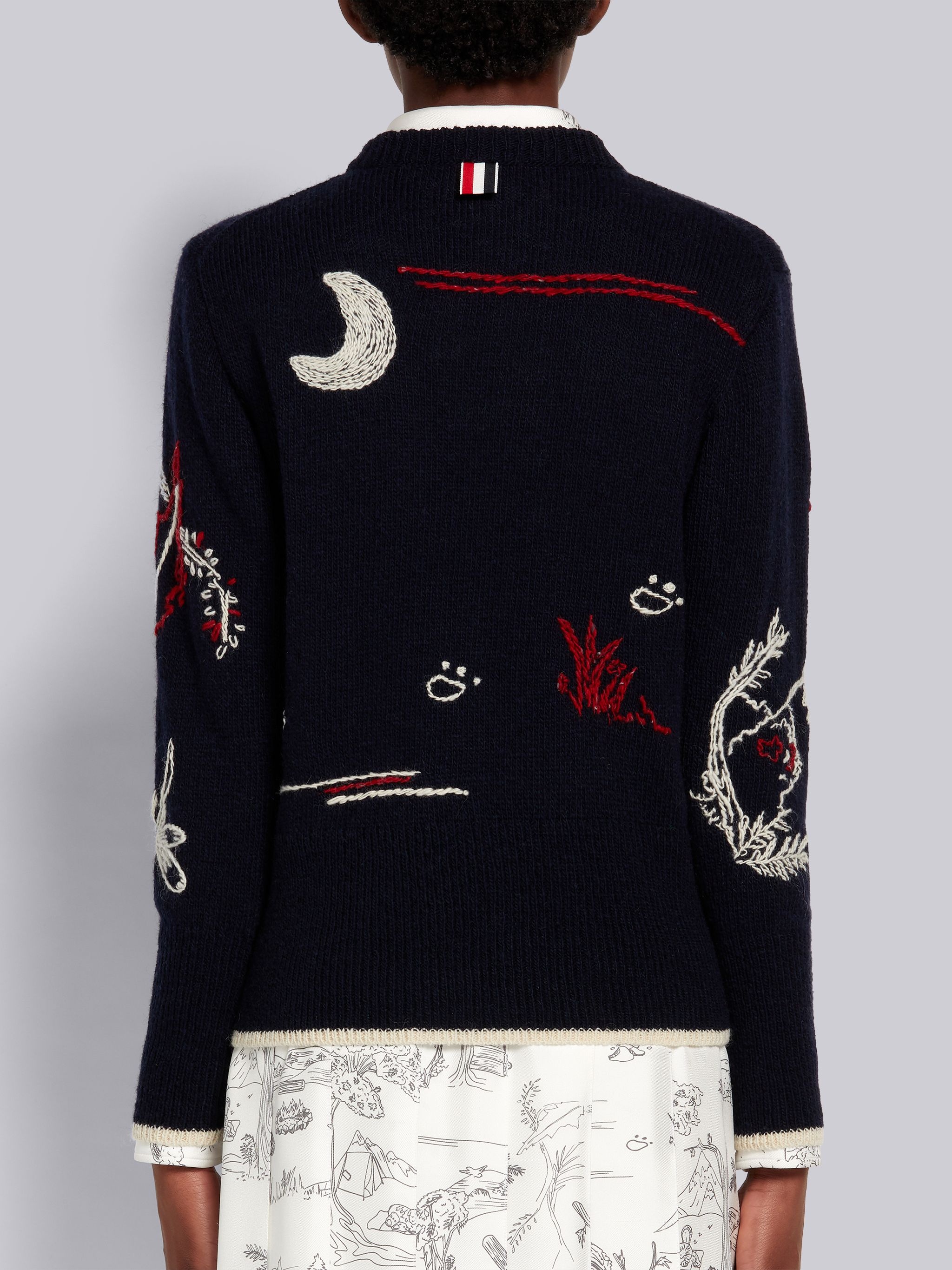 Navy Mohair Tweed Hand Embroidered Bear Scenery Tipping Classic Crew Neck Pullover - 3