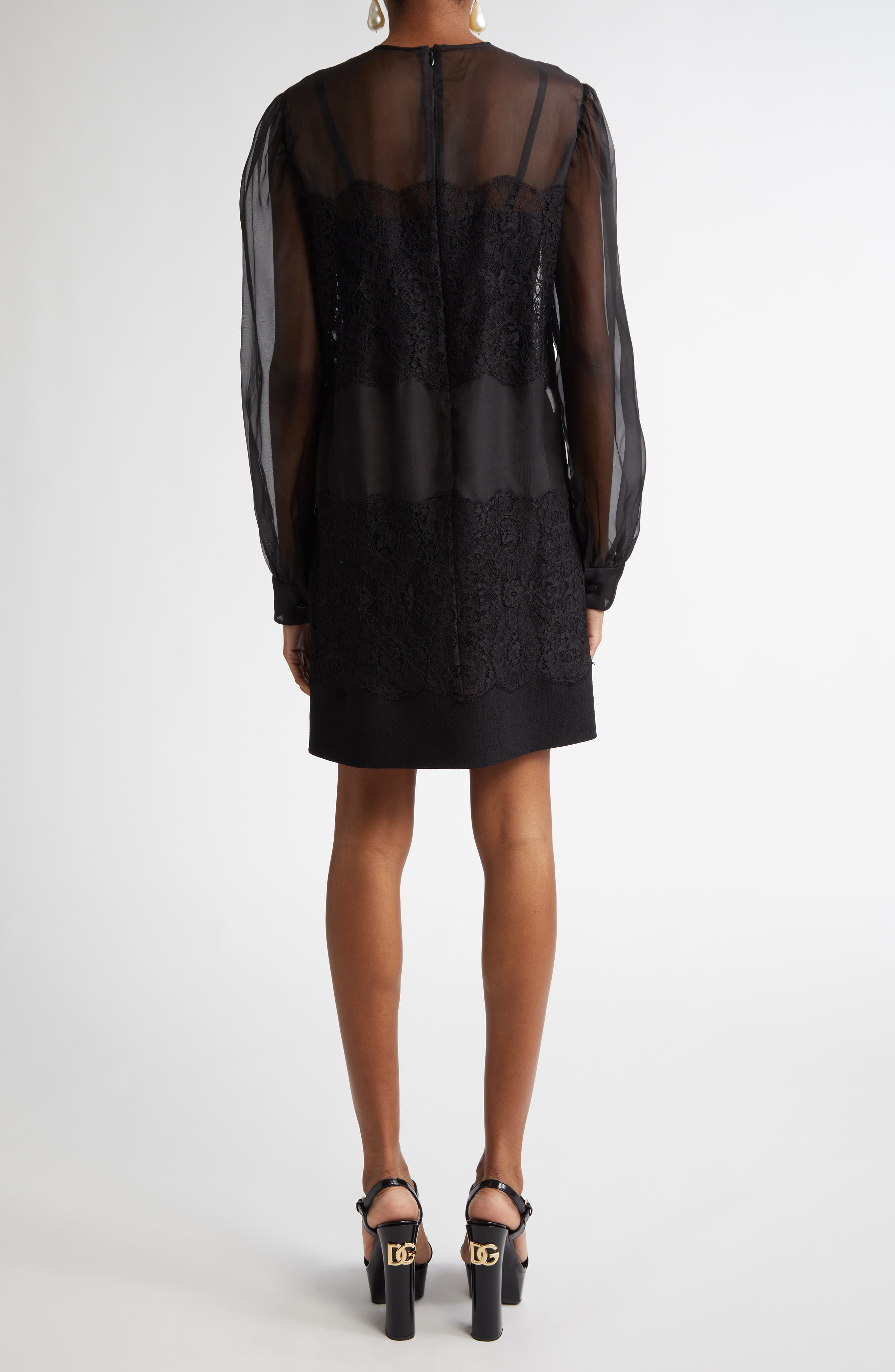 Dolce&Gabbana Lace Paneled Long Sleeve Sheer Silk Blend Organza Dress in N0000 Nero at Nordstrom - 2