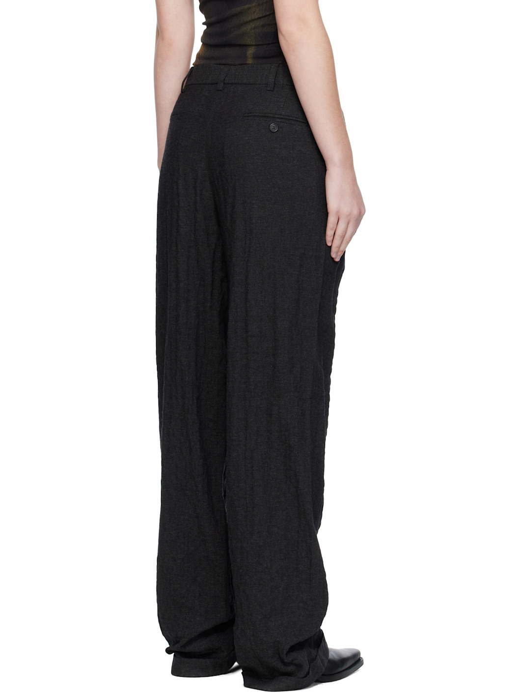 Black Tripe Pleat Crossover Trousers - 3