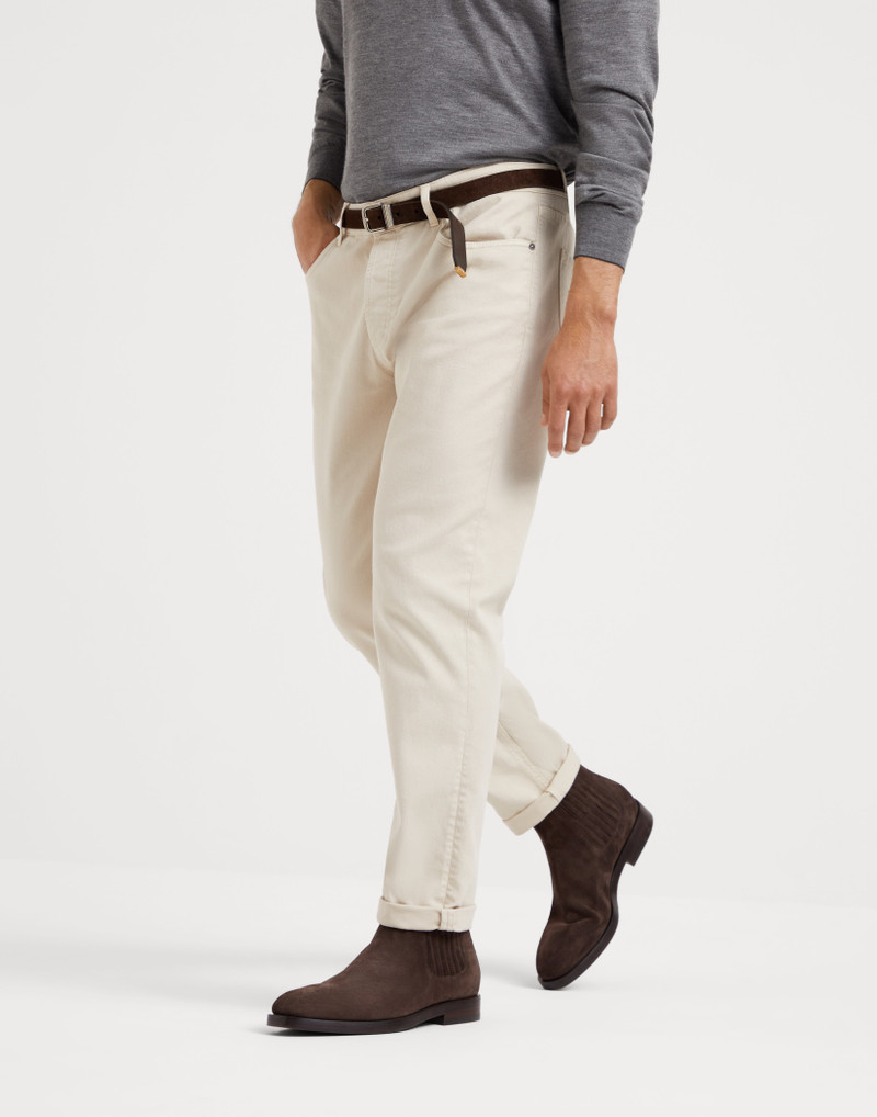 Garment-dyed comfort lightweight denim traditional fit five-pocket trousers 1