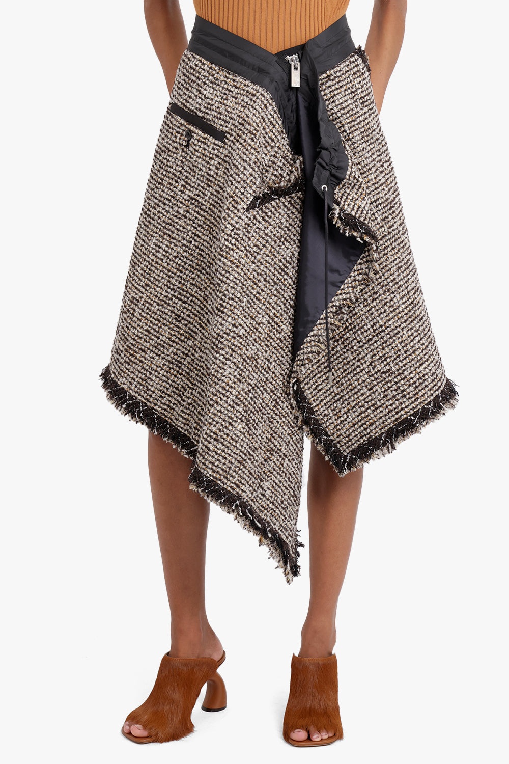 ASYMMETRIC TWEED SKIRT | BROWN - 3