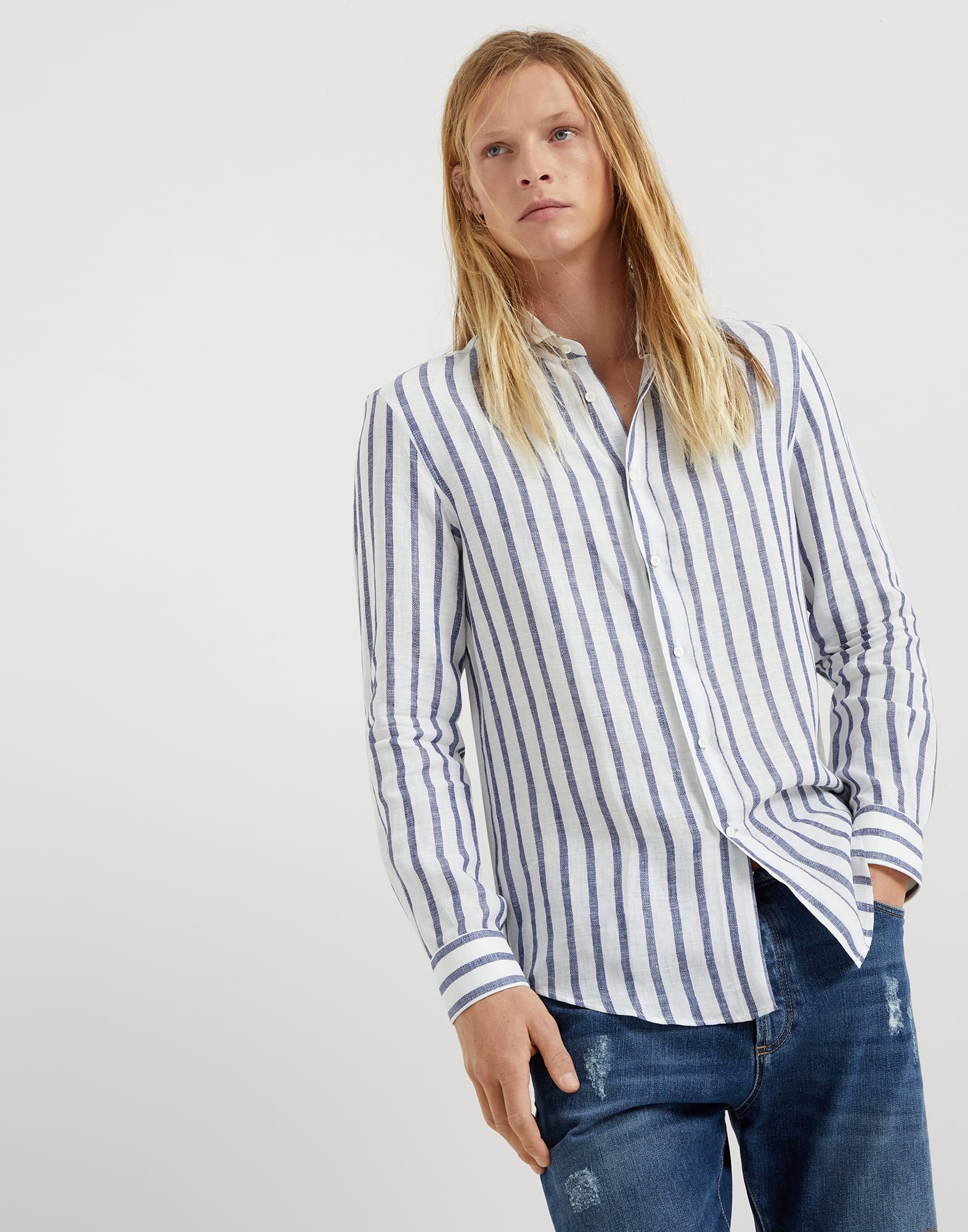 Brunello Cucinelli Striped linen easy fit shirt with spread collar
