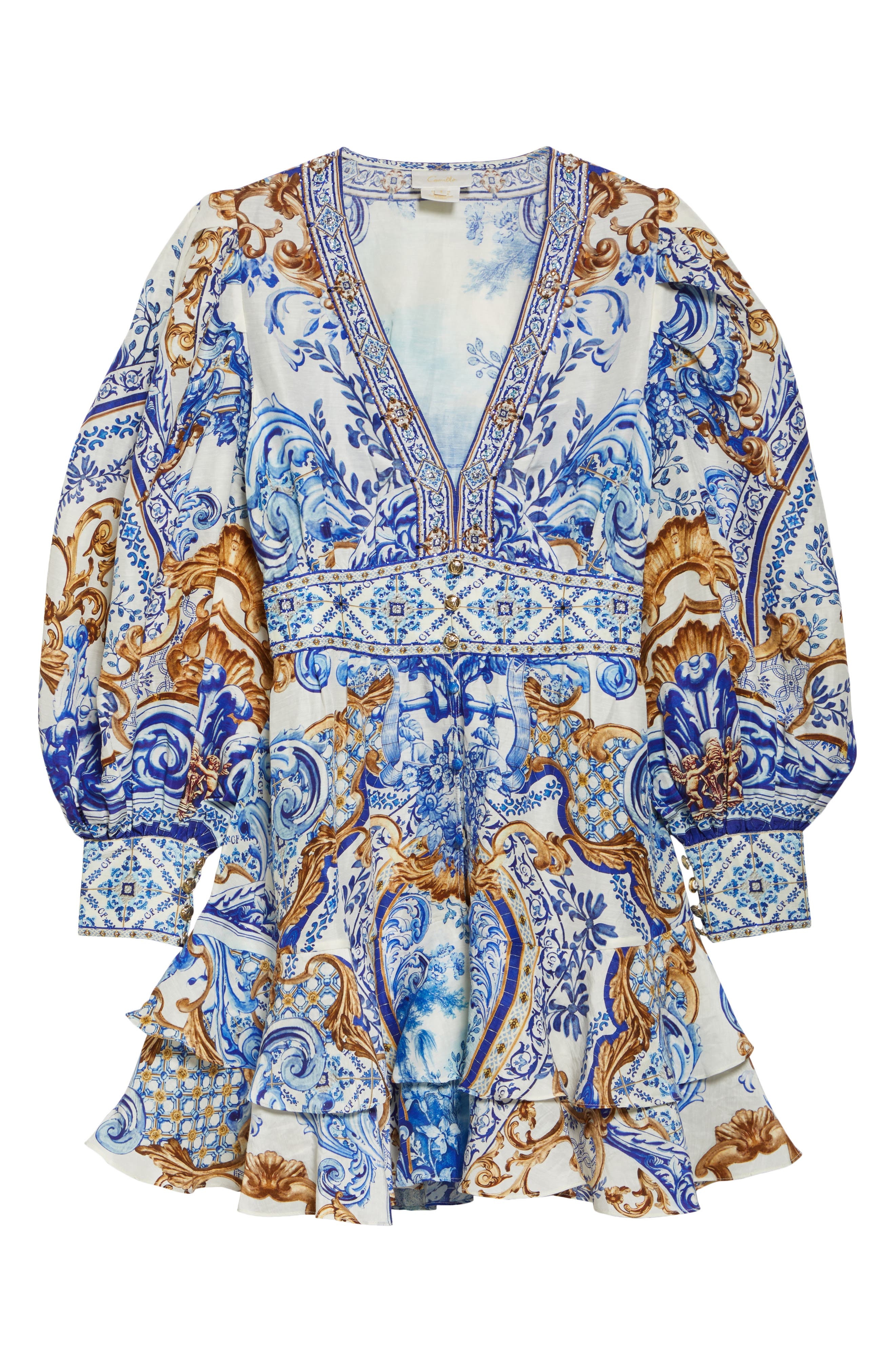 Camilla Button Front Frill Long Sleeve Linen & Silk Minidress in Azul Adventures at Nordstrom - 5