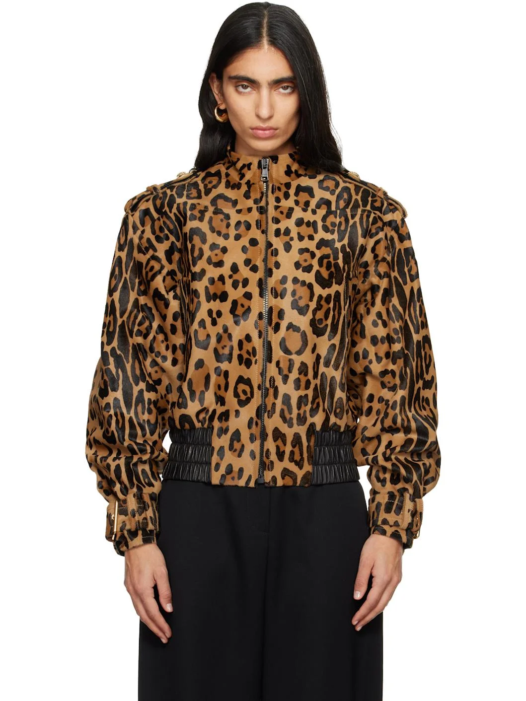 Tan Ponyskin-Style Leather Bomber Jacket - 1