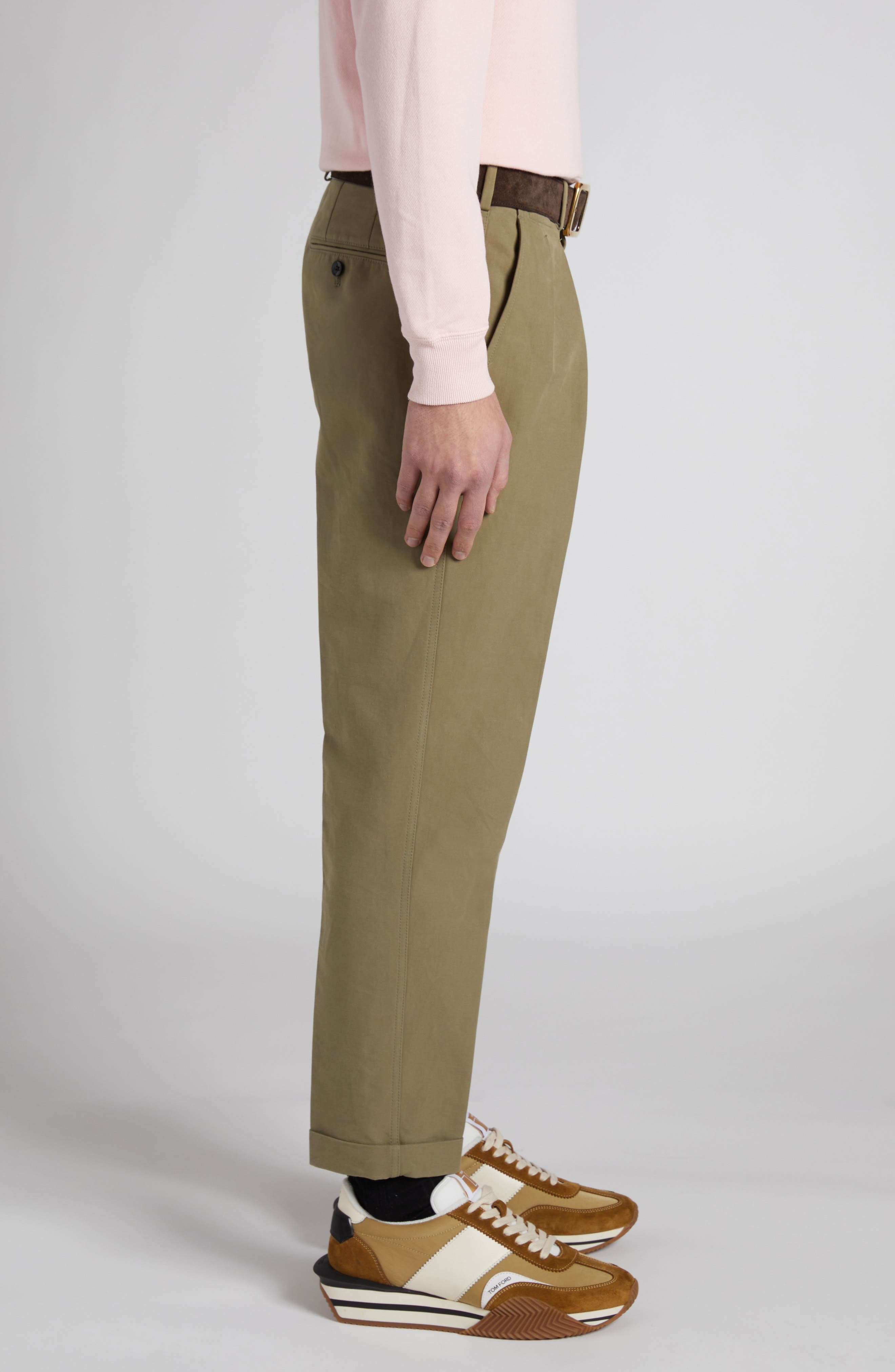 TOM FORD Pleated Cotton Sateen Pants in Olive at Nordstrom - 4