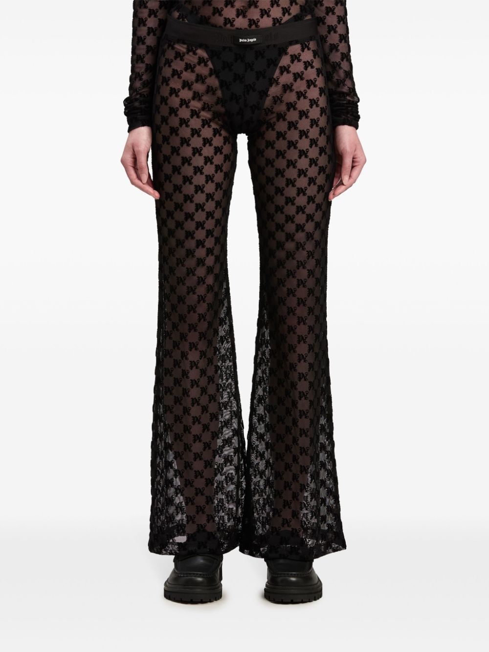 semi-sheer monogram flared trousers - 3