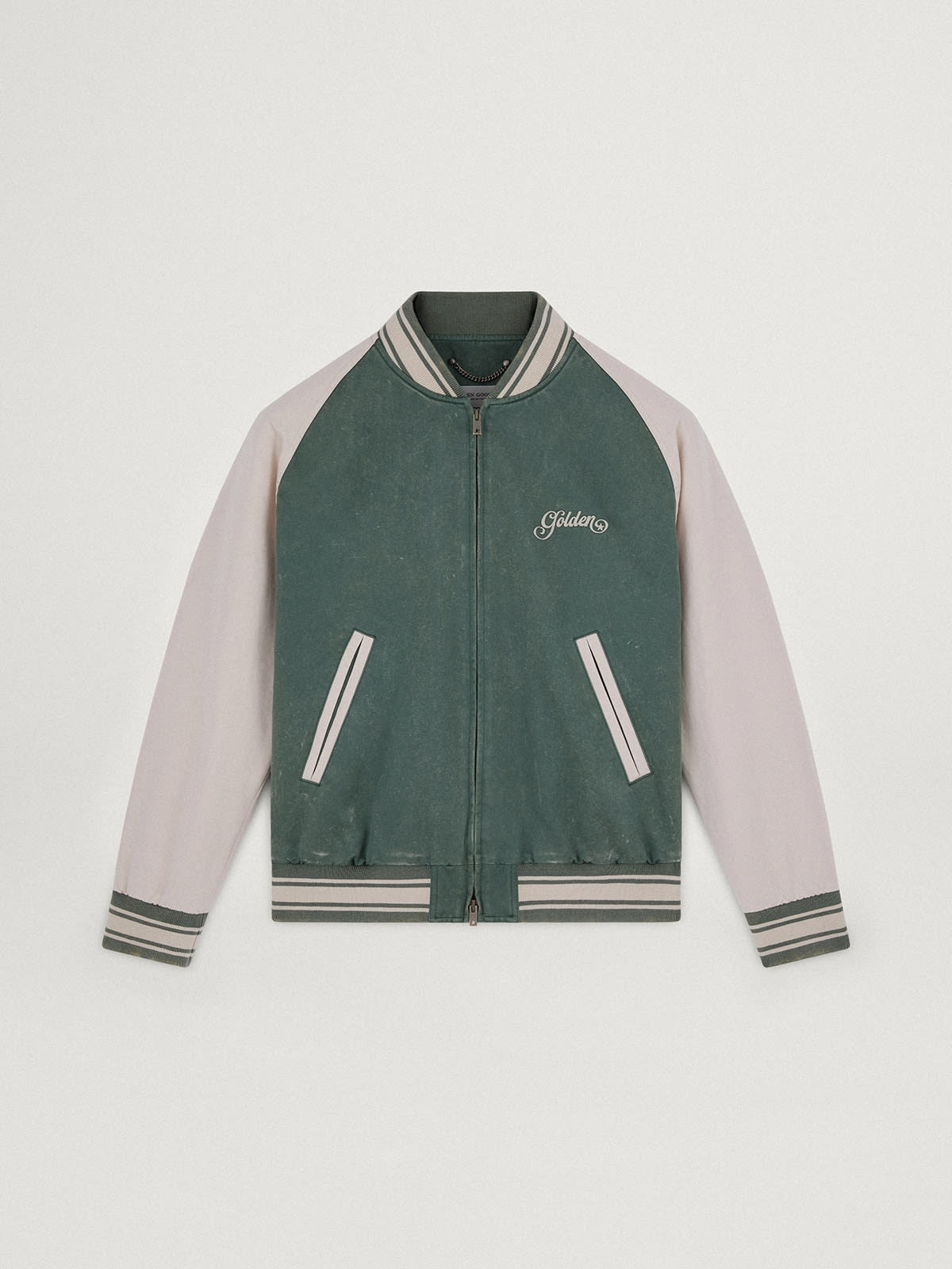 Military-green and white Journey Collection Eric bomber jacket with a lived-in effect and contrastin - 1