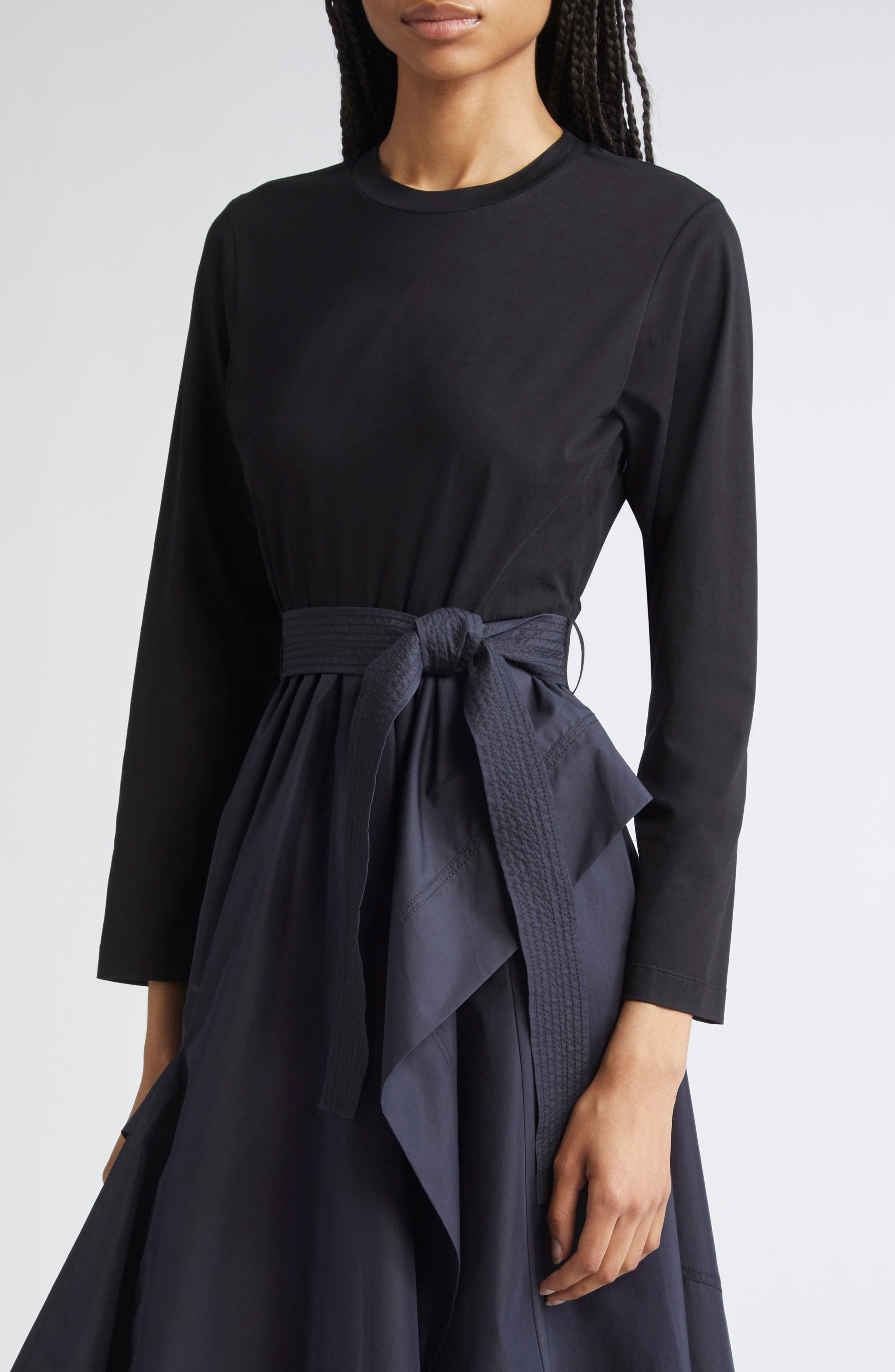 3.1 Phillip Lim Mixed Media Long Sleeve Handkerchief Hem Cotton Blend Dress in Black/Midnight at Nor - 4