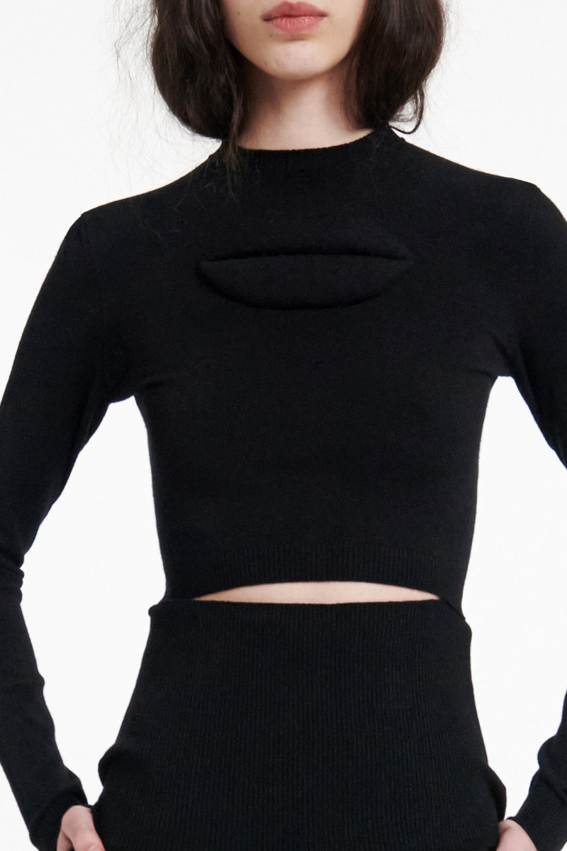 KNIT TOP FRONT WAIST LINE CUTOUT LIP APPLIQUÉ BLACK 2
