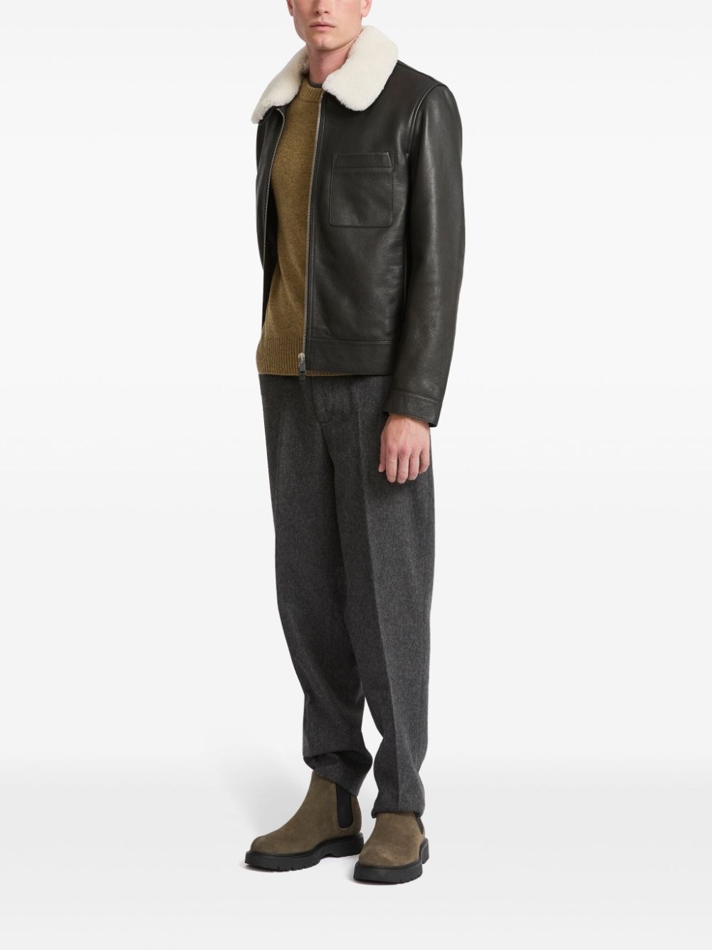 shearling collar leather jacket - 2