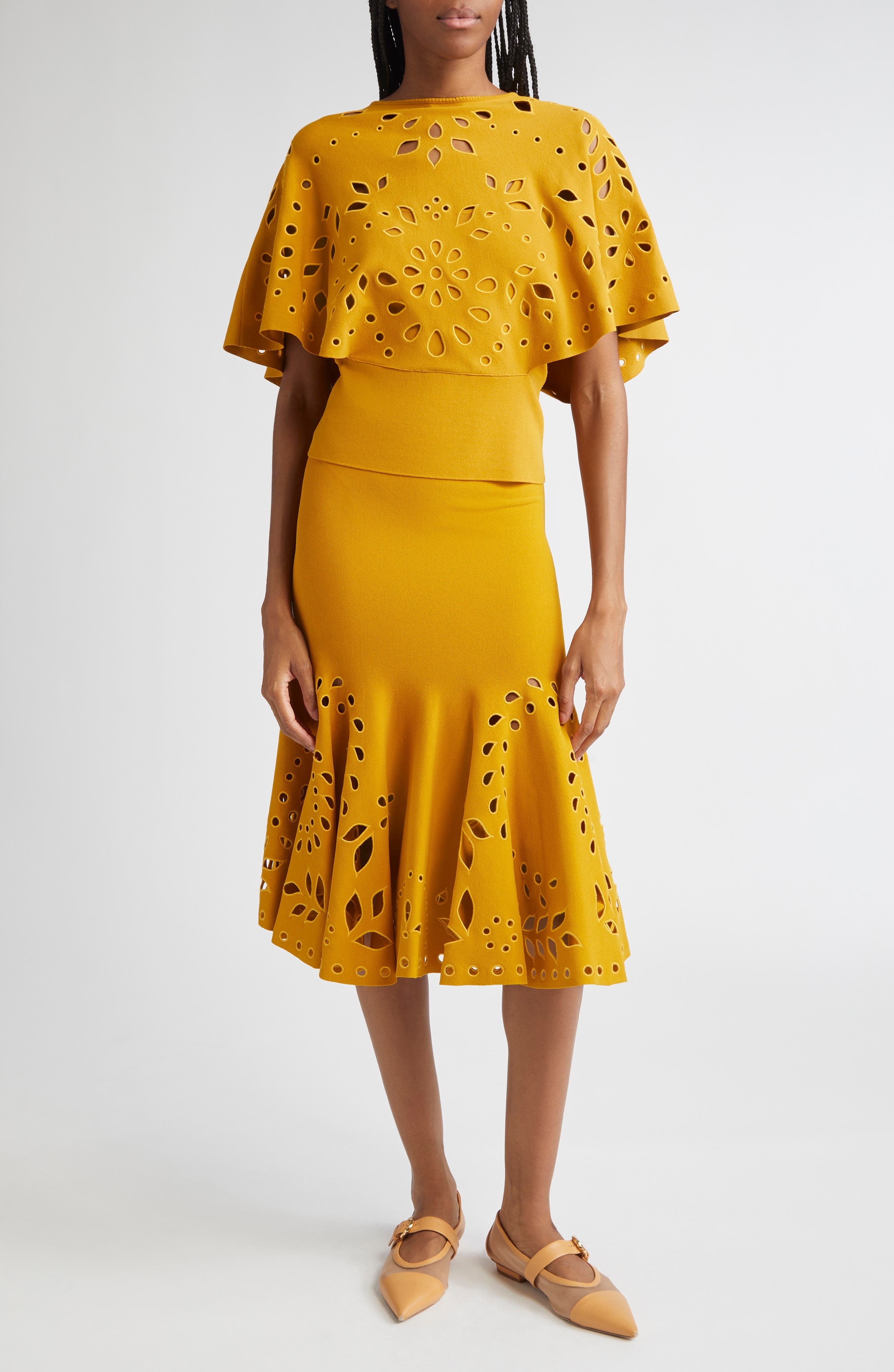 Ulla Johnson Josie Eyelet Detail Cape Sleeve Knit Top in Goldenrod at Nordstrom - 2