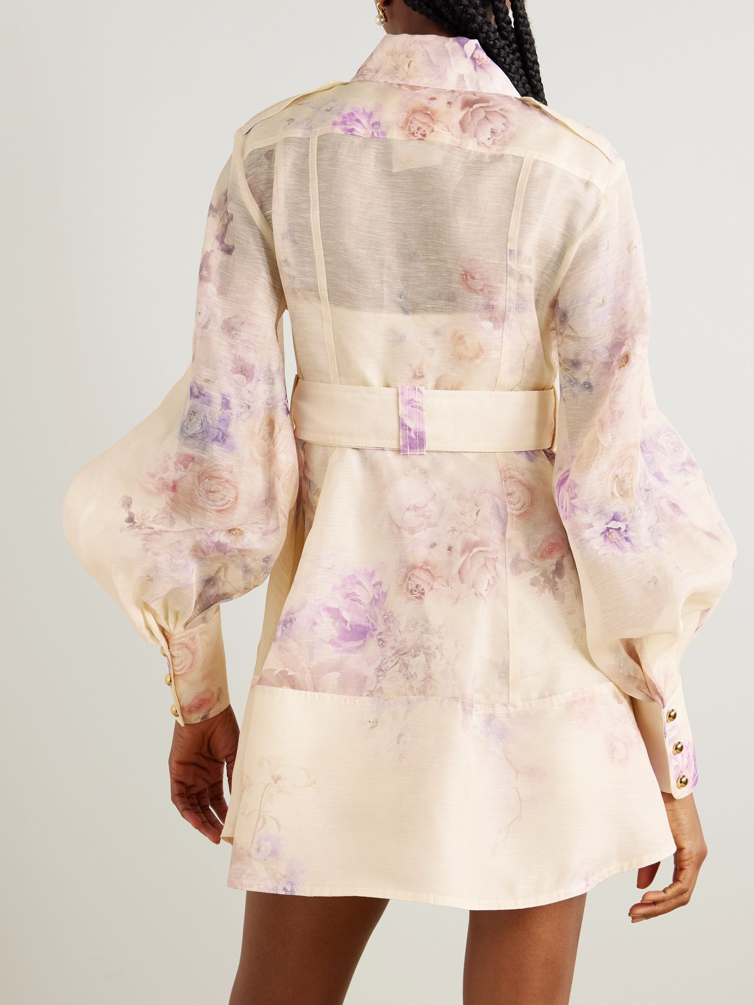 Hypnotic belted floral-print linen and silk-blend mini dress Cream - 3