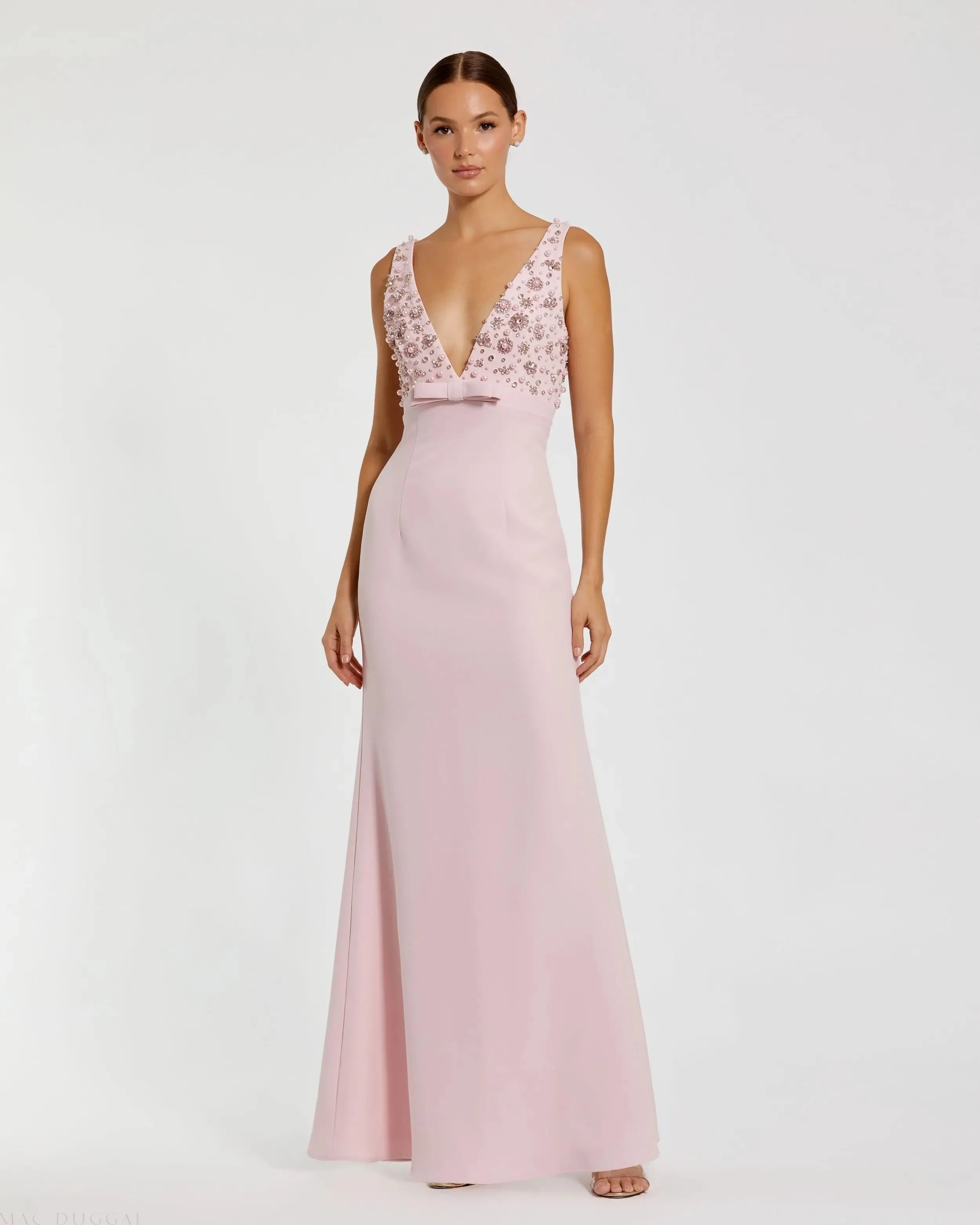 Blush Embellished Deep V-Neck Crepe Gown With Bow - 1