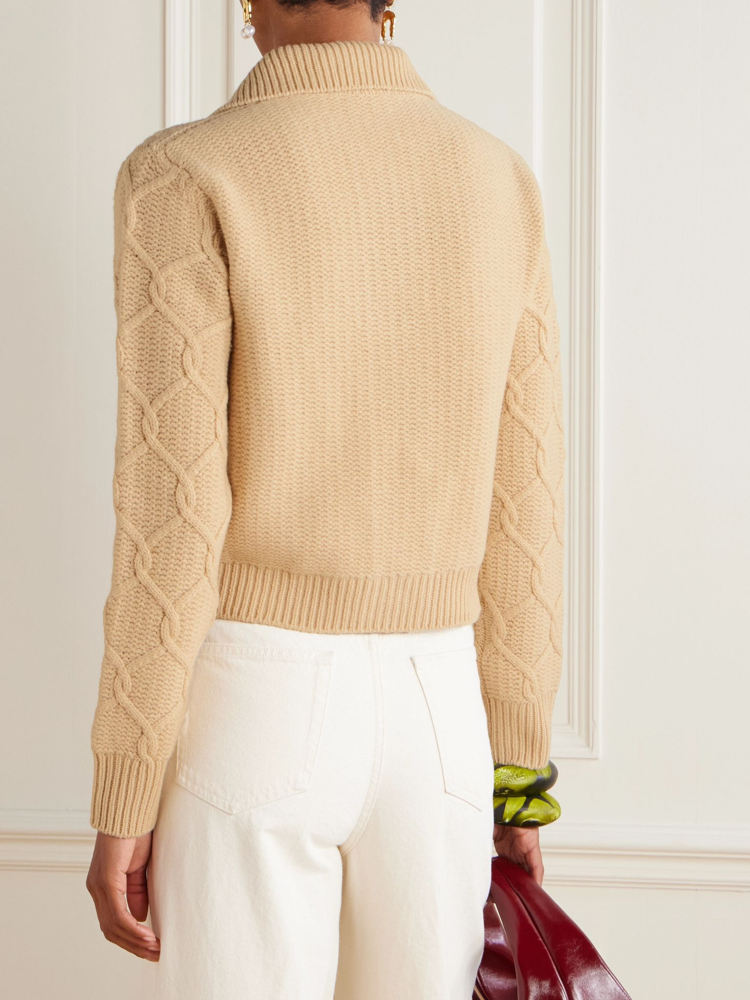 Embroidered cable-knit wool and cashmere-blend cardigan Beige - 3