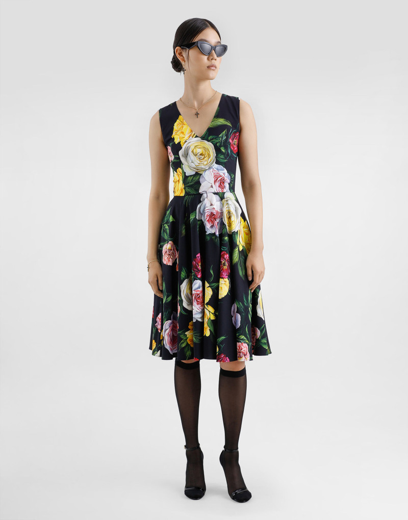 Dolce & Gabbana Peony and rose-print cady calf-length dress with circle skirt outlook