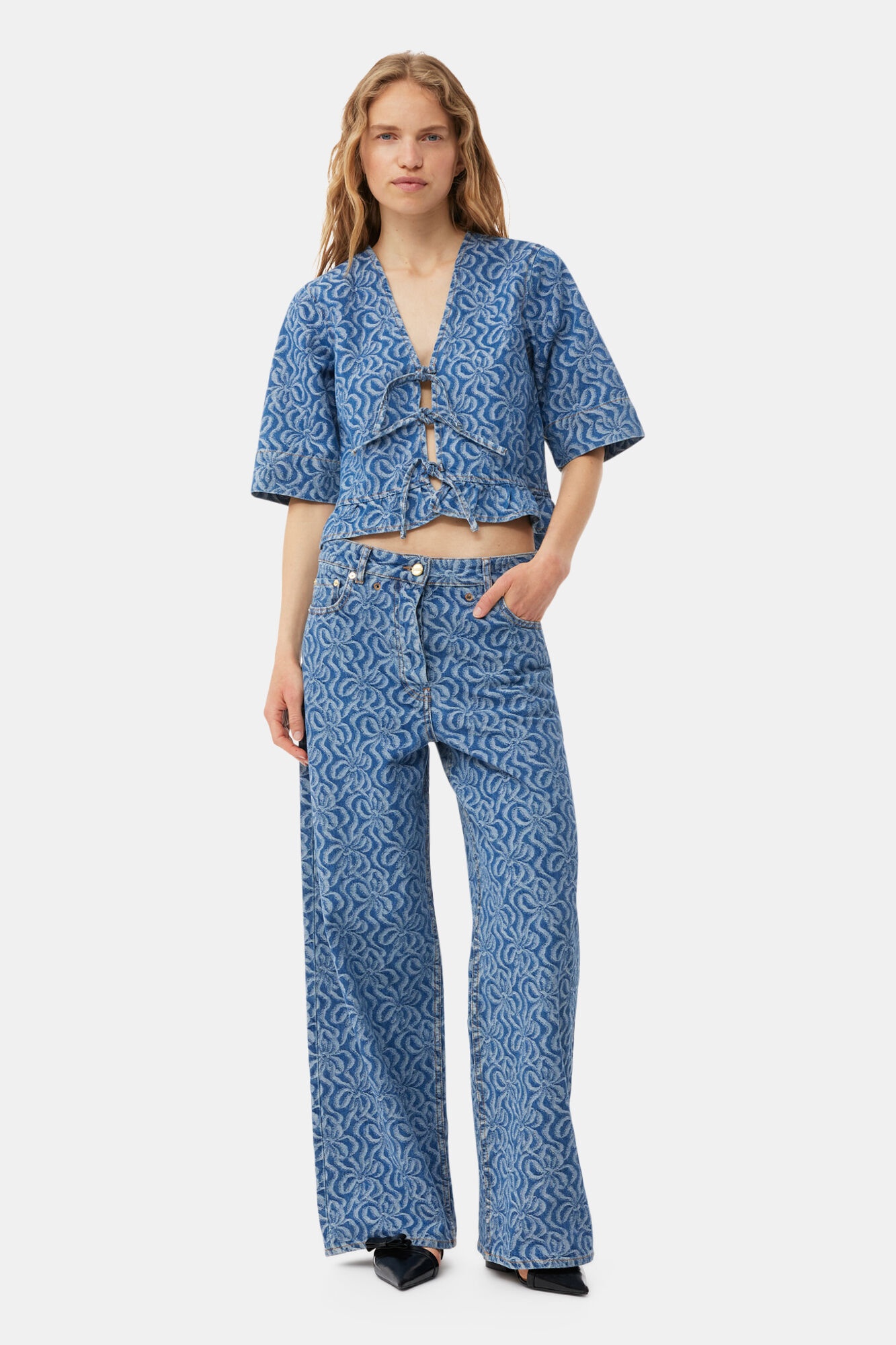 BLUE JACQUARD DENIM WIDE PANTS - 2