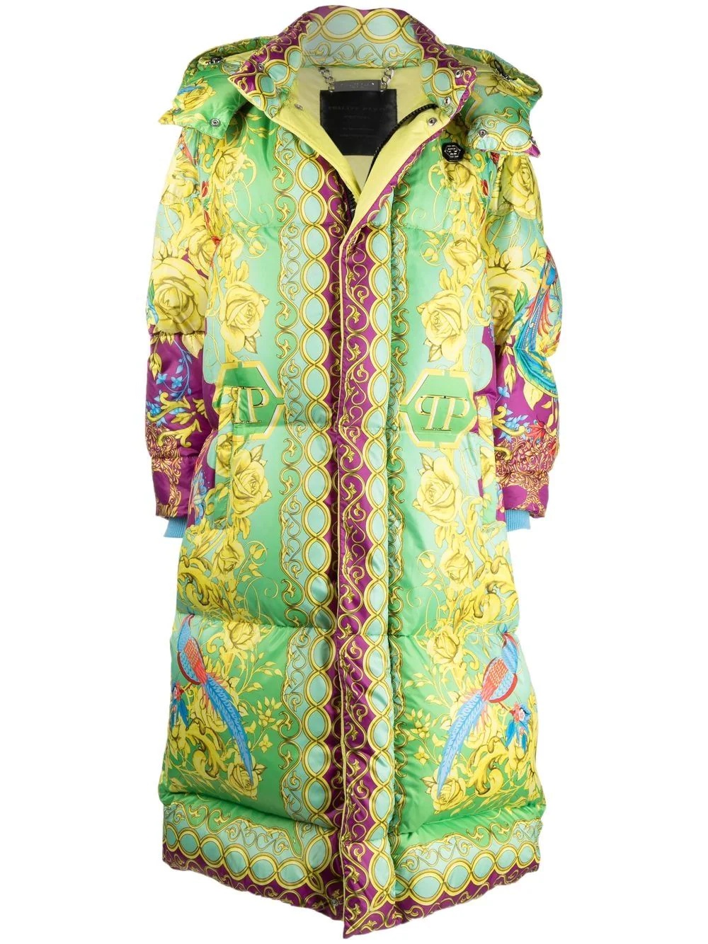 baroque-print long padded jacket - 1