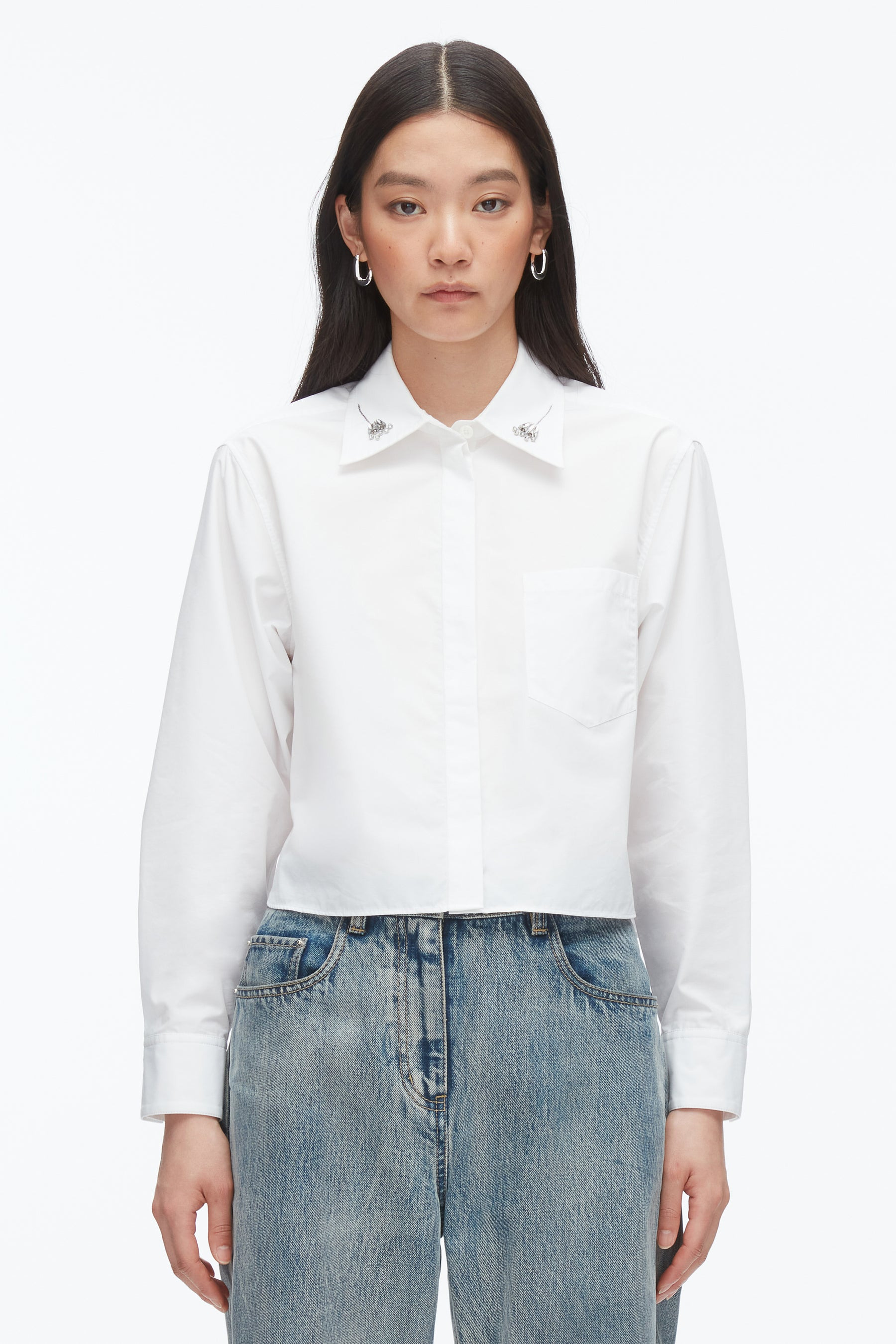 Cropped Shirt with Embroidered Collar - 3