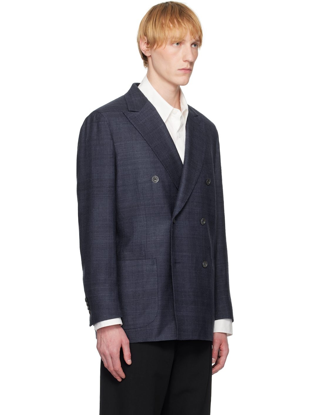 Navy Tussah Silk Double-Breasted Tailored Blazer - 2