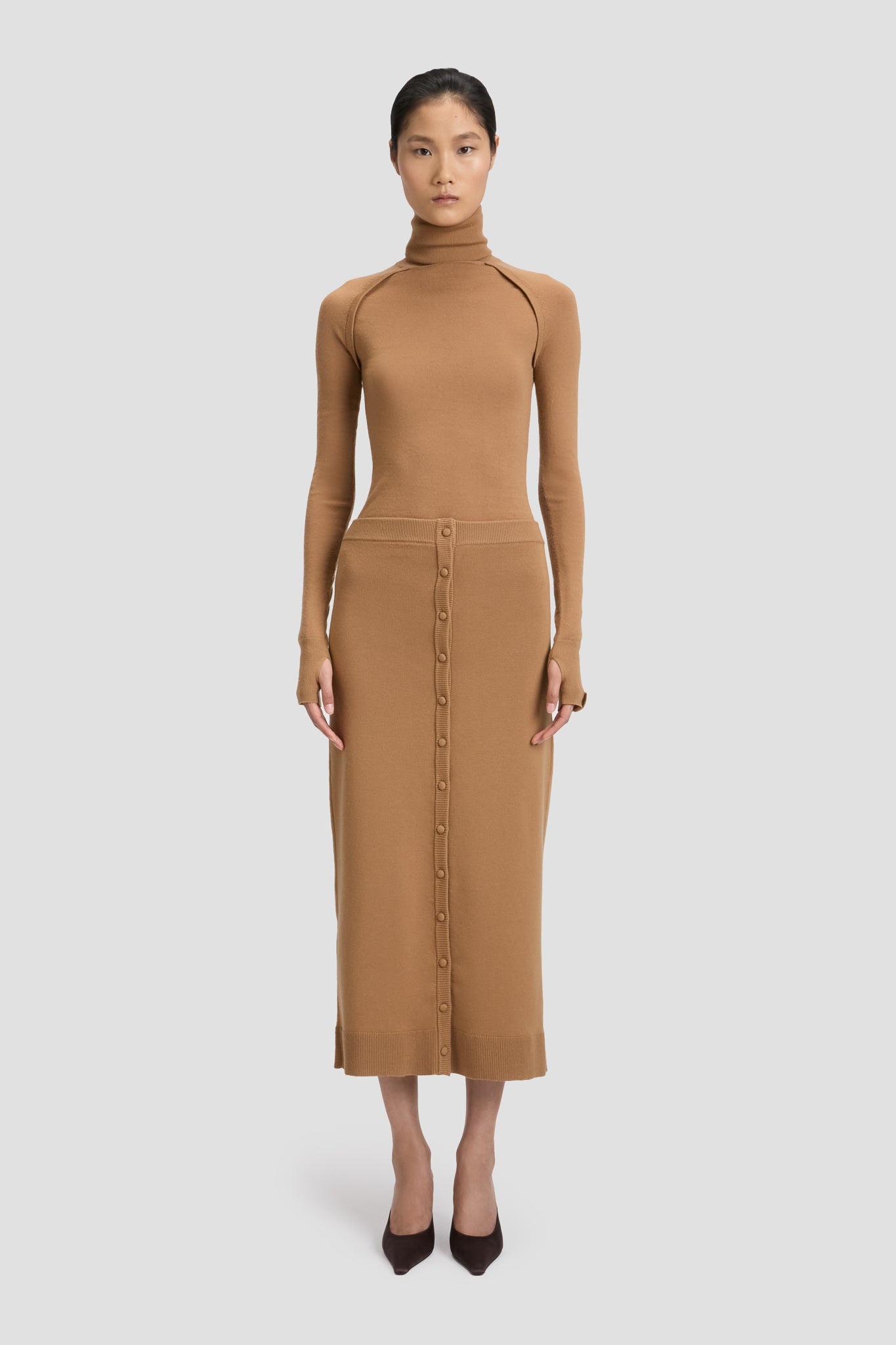 Button Detail Midi Skirt In Camel - 2