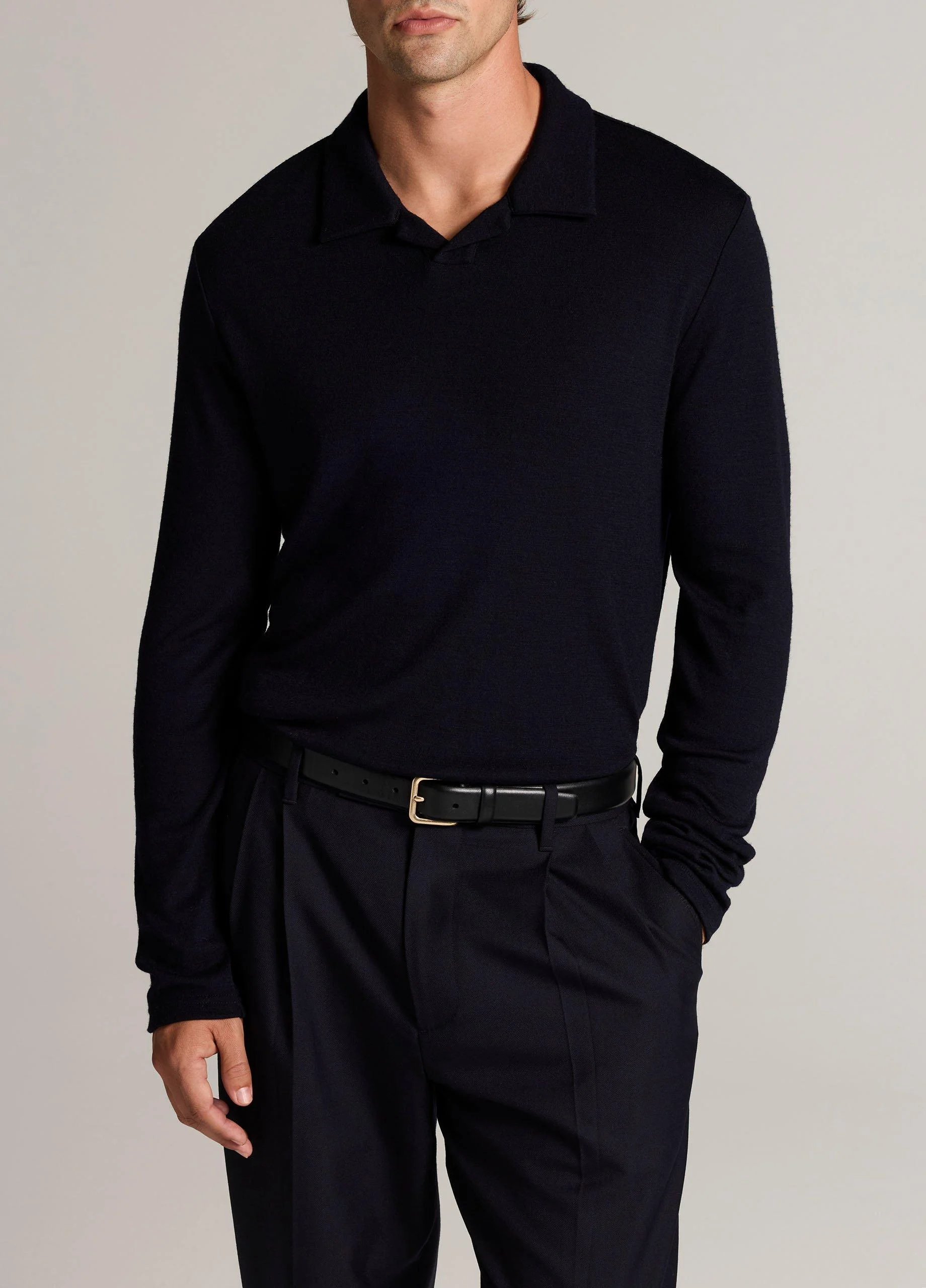 Wool Interlock Johnny-Collar Polo Sweater - 1