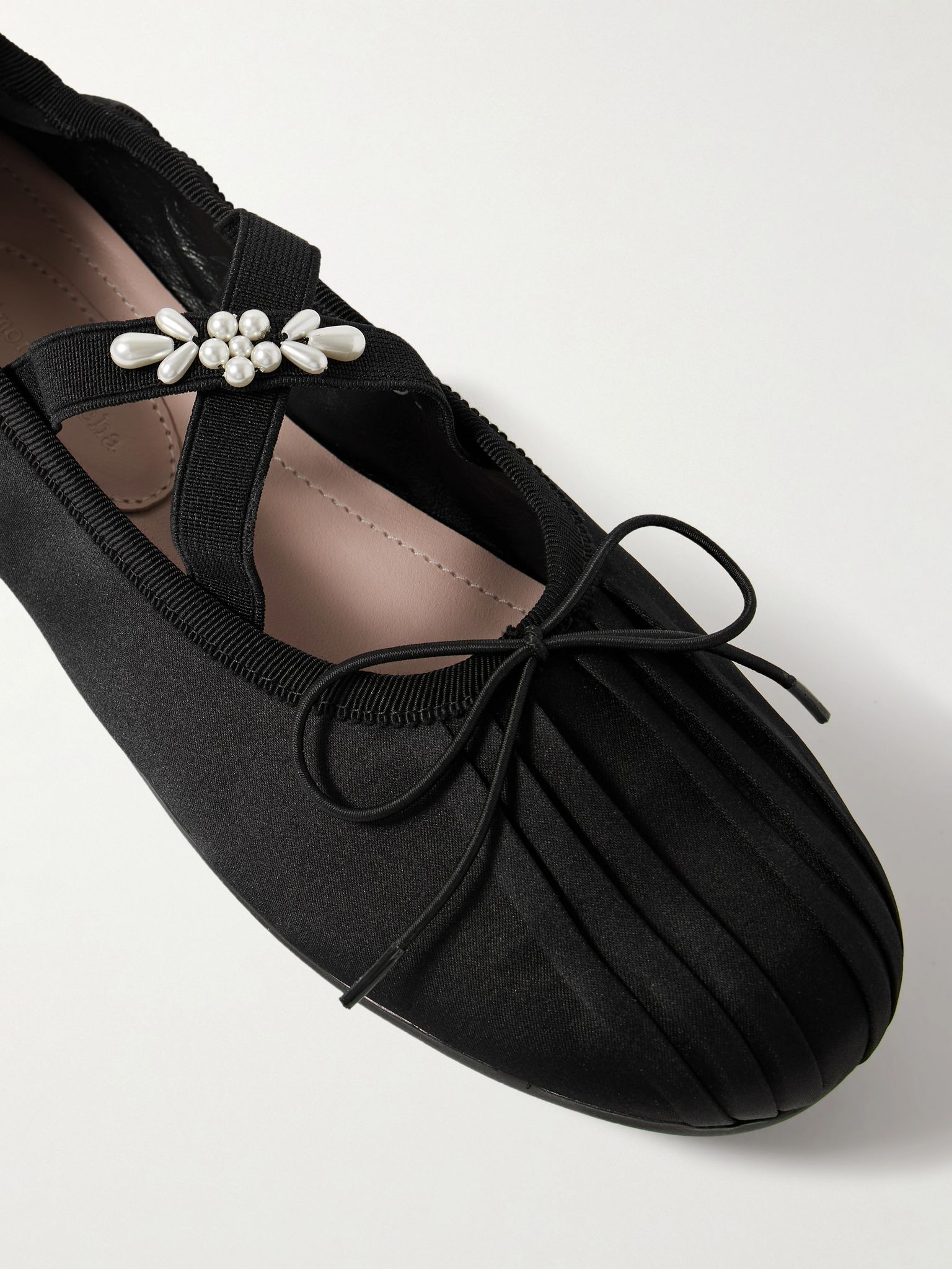 Faux pearl-embellished pleated shell ballet flats Black - 4
