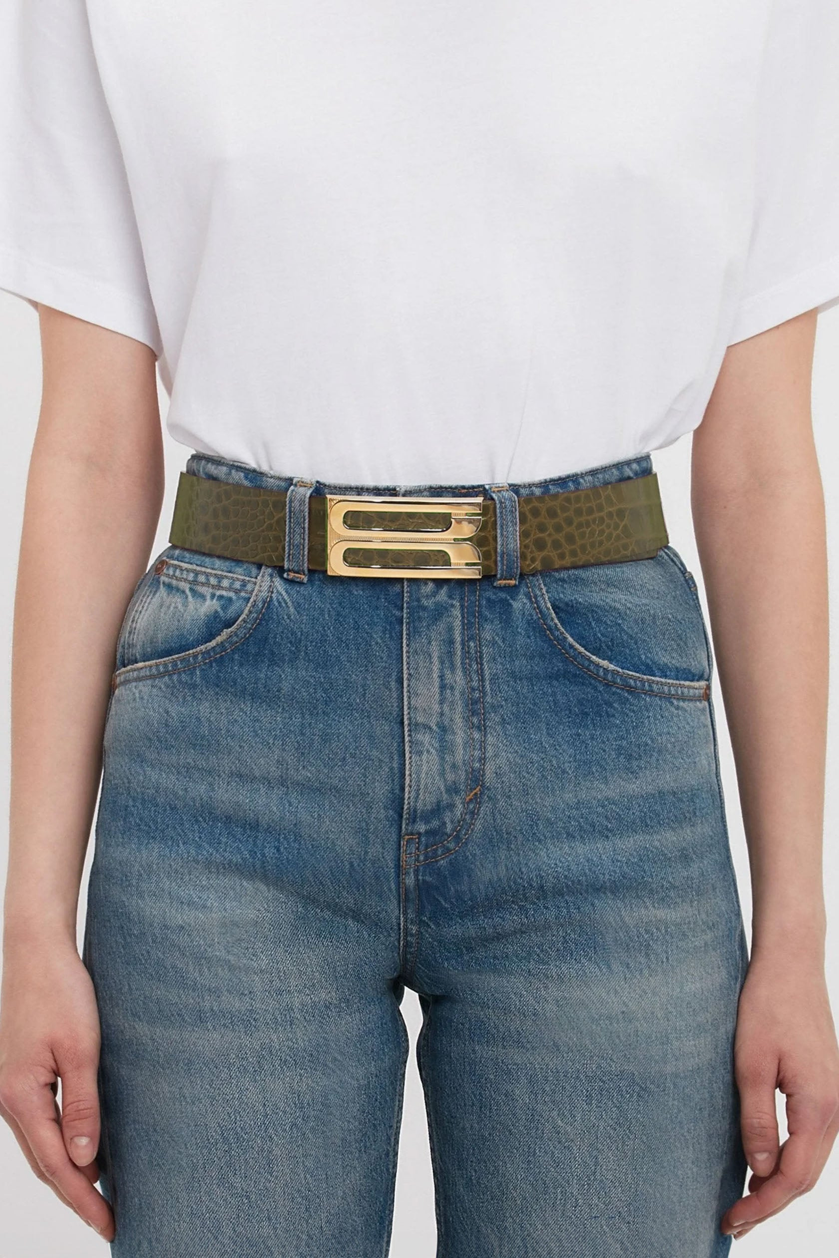 Exclusive Jumbo Frame Belt In Khaki Croc Embossed Calf Leather - 2