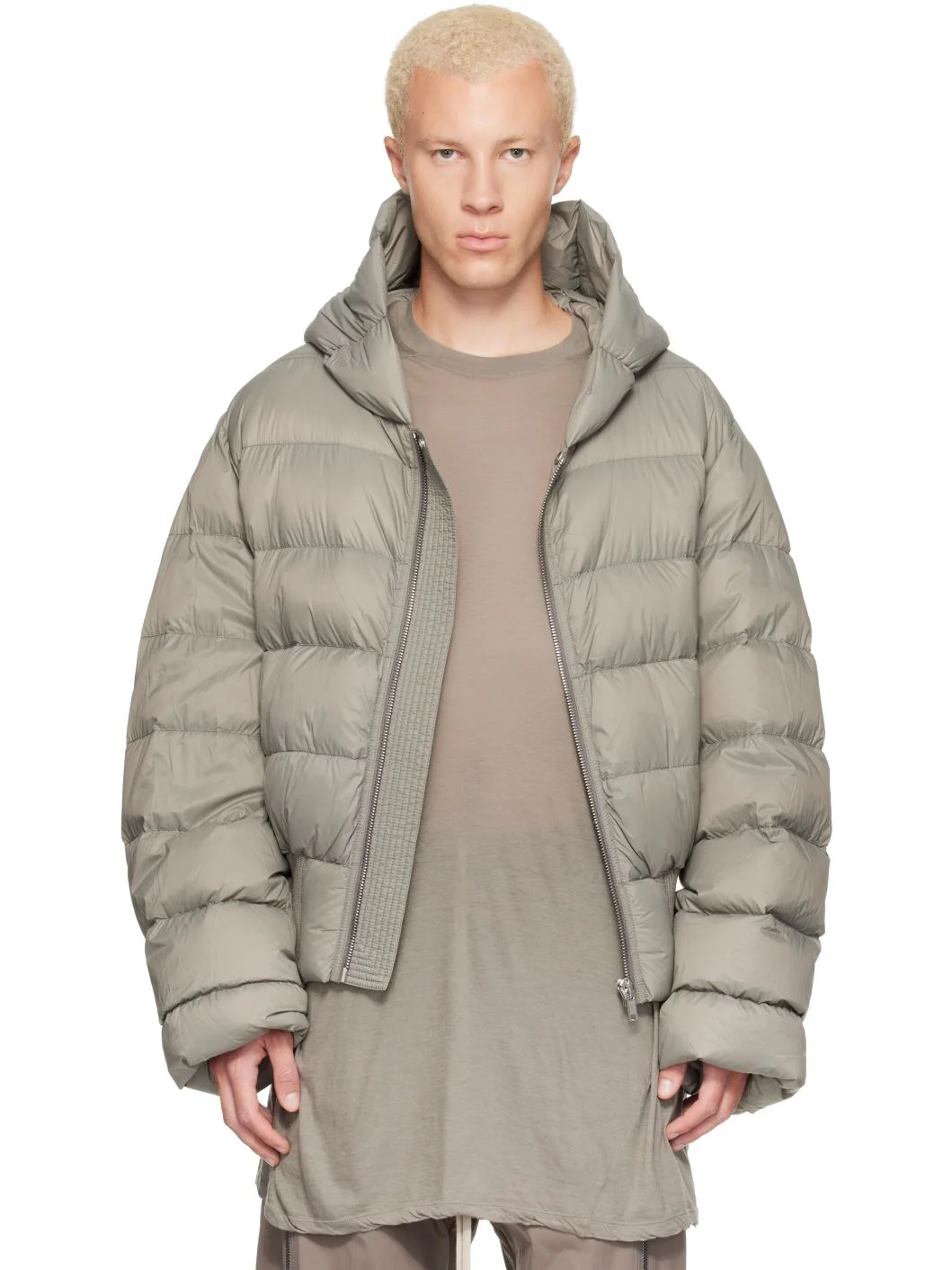 Khaki Tower Nylon Duvet Hooded Down Jacket - 1