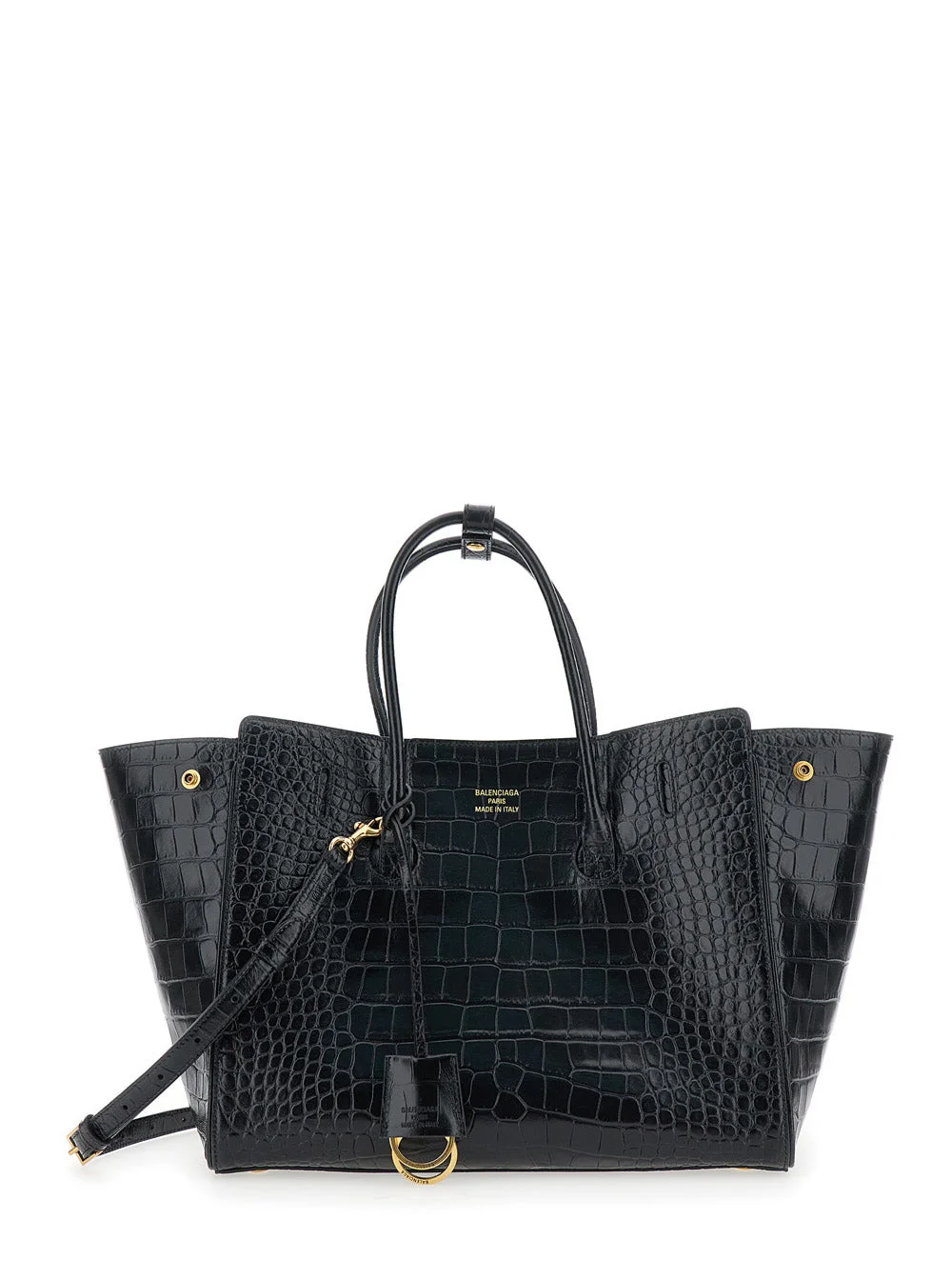 Balenciaga Women 'Hampton Small' Black Handbag With Embossed Logo On The Front And Removable Keyring - 1