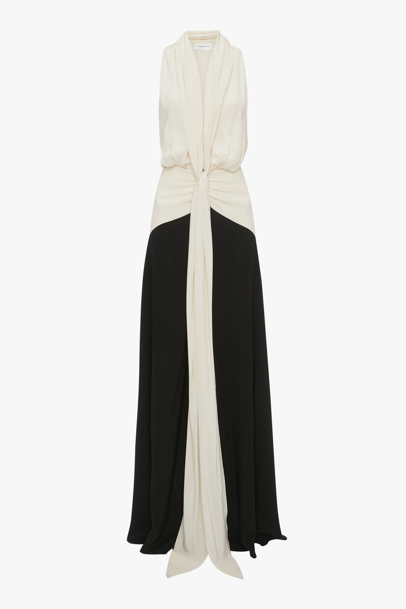 Exclusive Sleeveless Tie Detail Gown In Ivory-Black 1