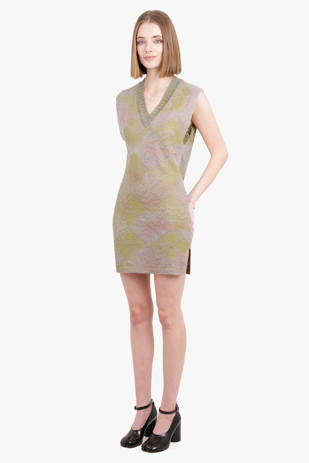 PEARL V NECK S/LESS ARGYLE KNIT DRESS | MULTI - 2