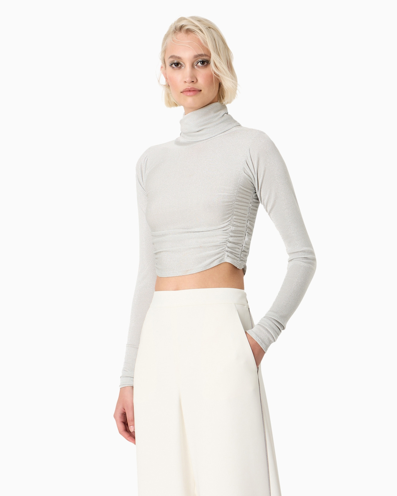 Cropped mock-neck jumper in viscose jersey and Lurex - 2