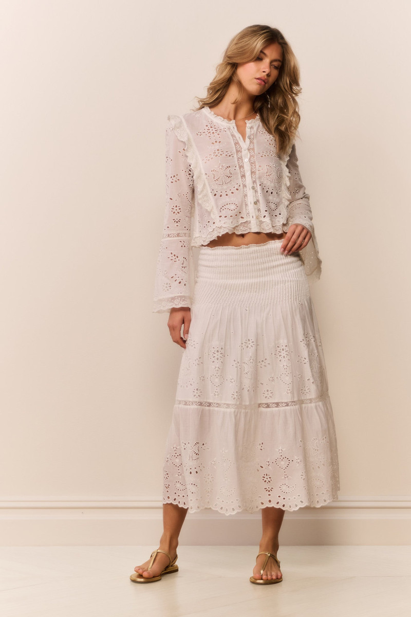 LoveShackFancy Mallow Cotton Bandana Eyelet Midi Skirt outlook