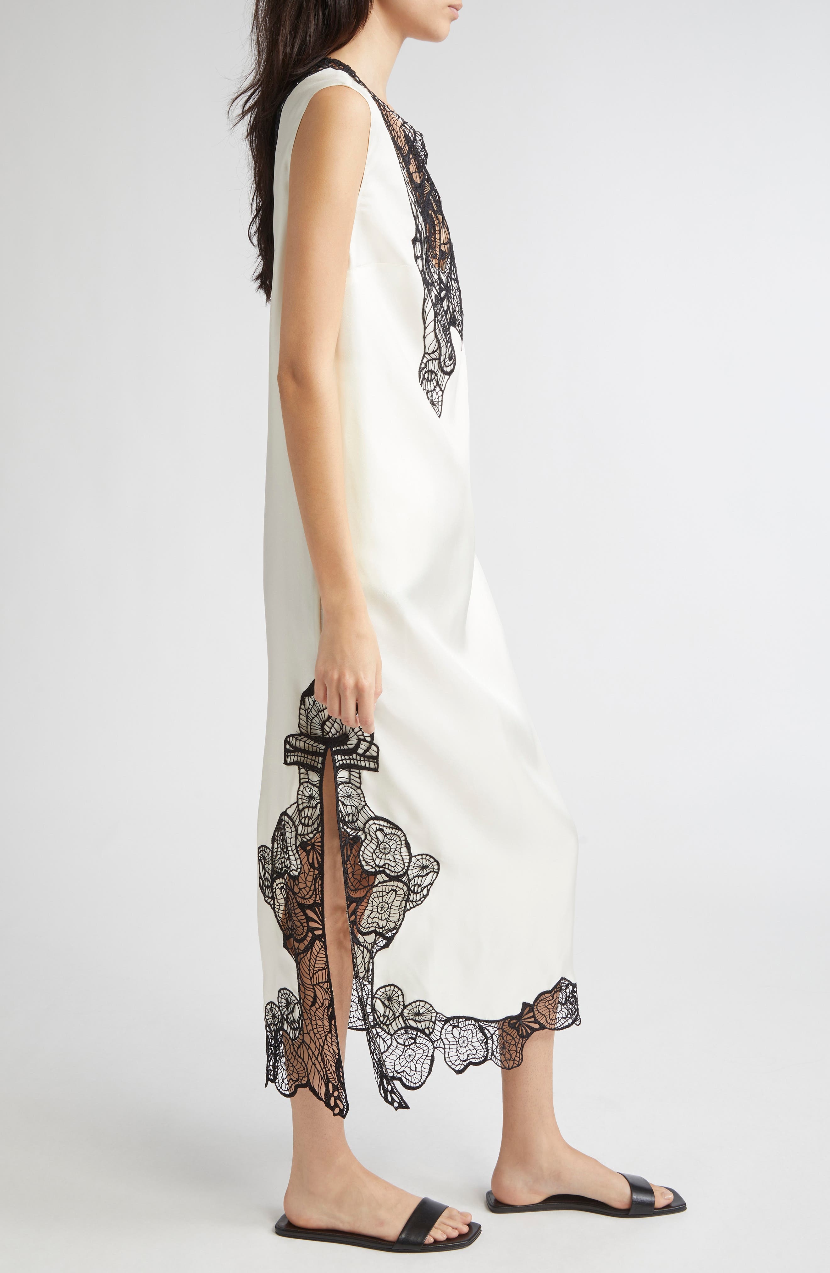 LOULOU DE SAISON Uma Lace Trim Silk Twill Maxi Dress in Ivory/Black at Nordstrom - 3